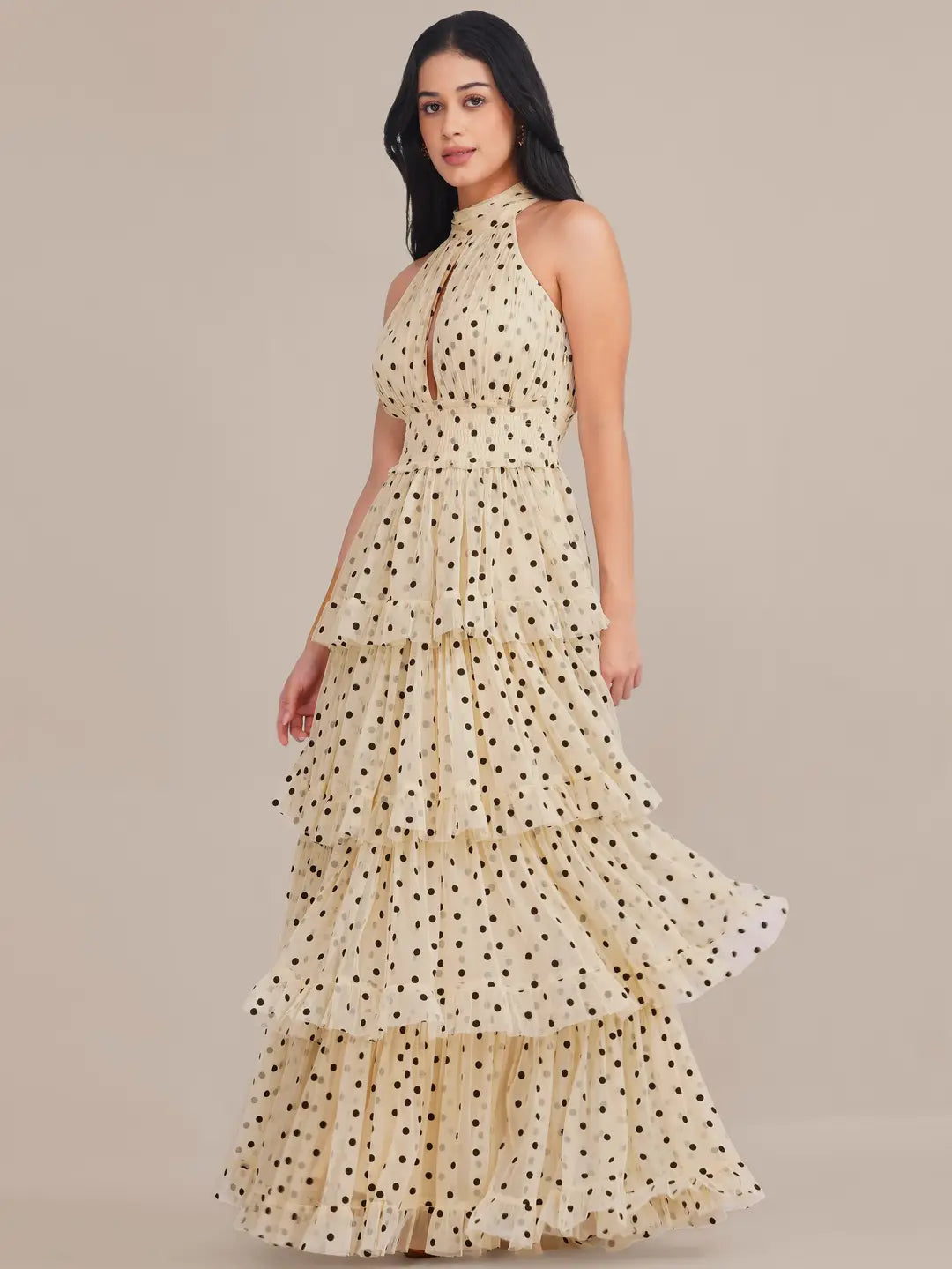Lace & Beads Lucerne Halterneck Cream Polka Dot Tiered Maxi Dress