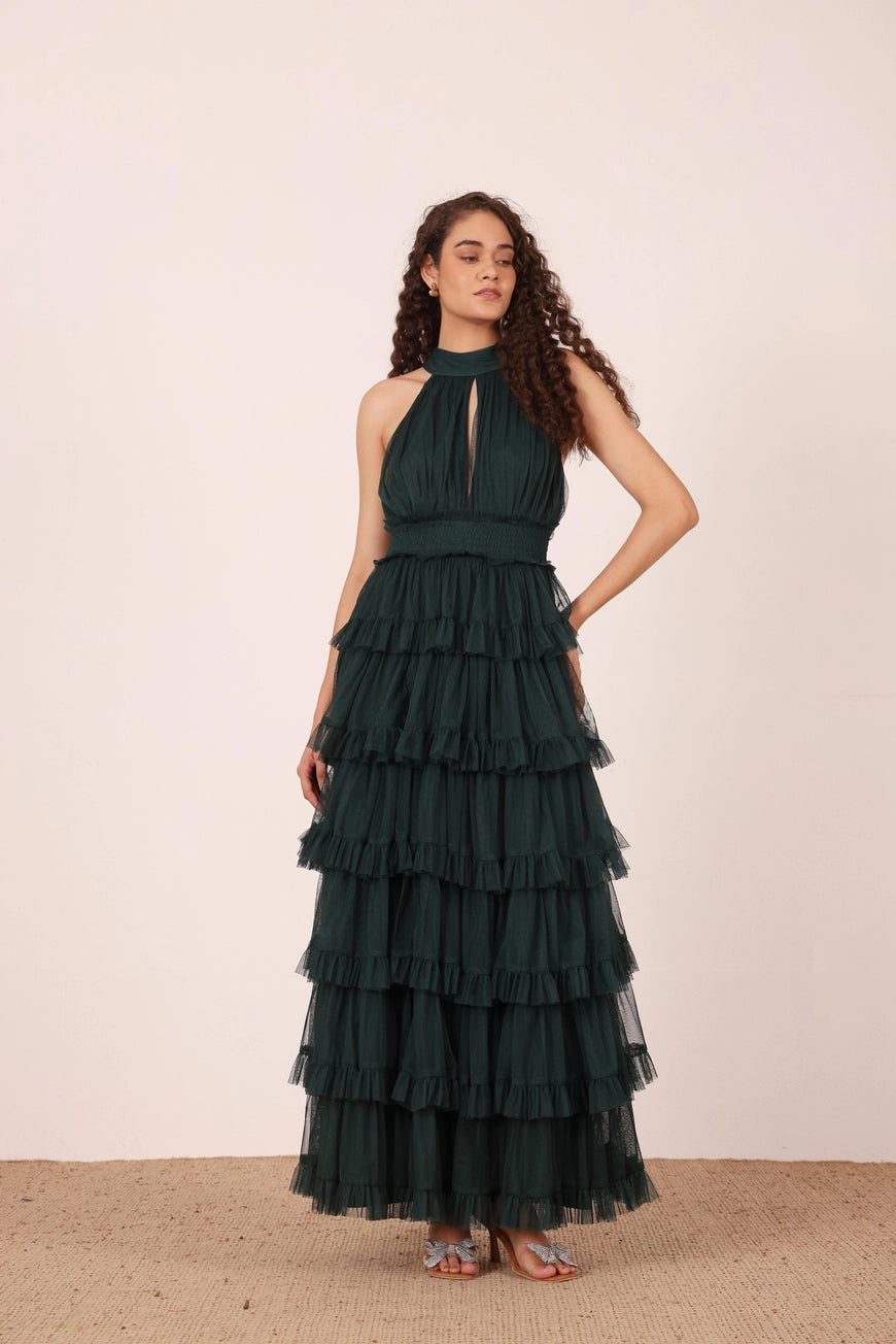Lace & Beads Lucerne Halterneck Emerald Green Ruffle Maxi Dress