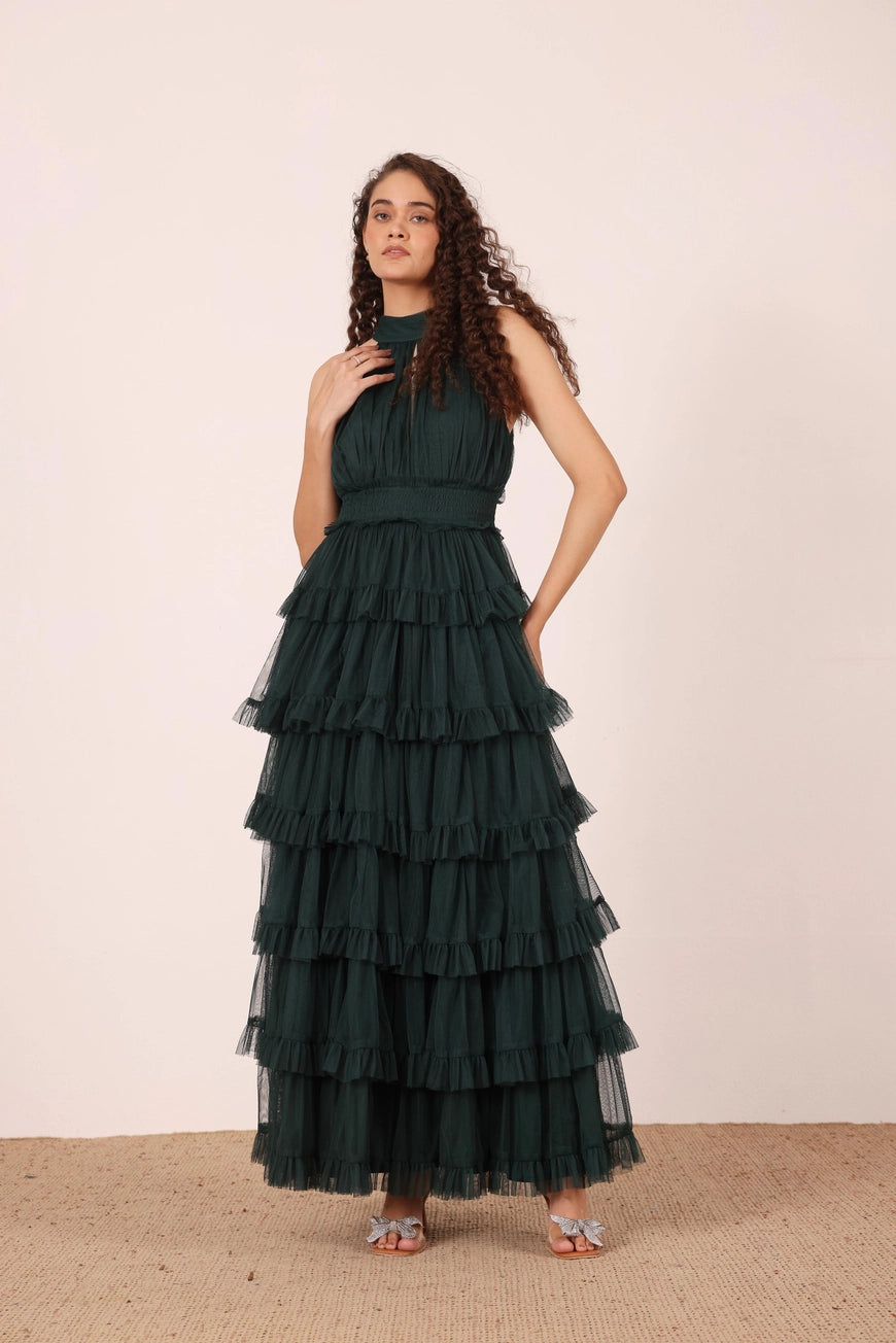 Lace & Beads Lucerne Halterneck Emerald Green Ruffle Maxi Dress