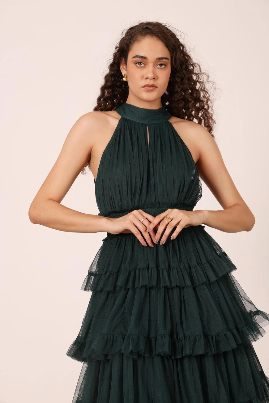 Lace & Beads Lucerne Halterneck Emerald Green Ruffle Maxi Dress