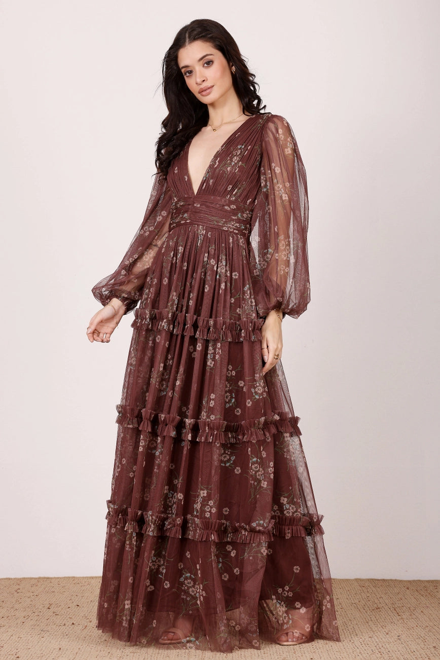 Lace & Beads Lydia Mahogany Brown Floral Maxi Dress