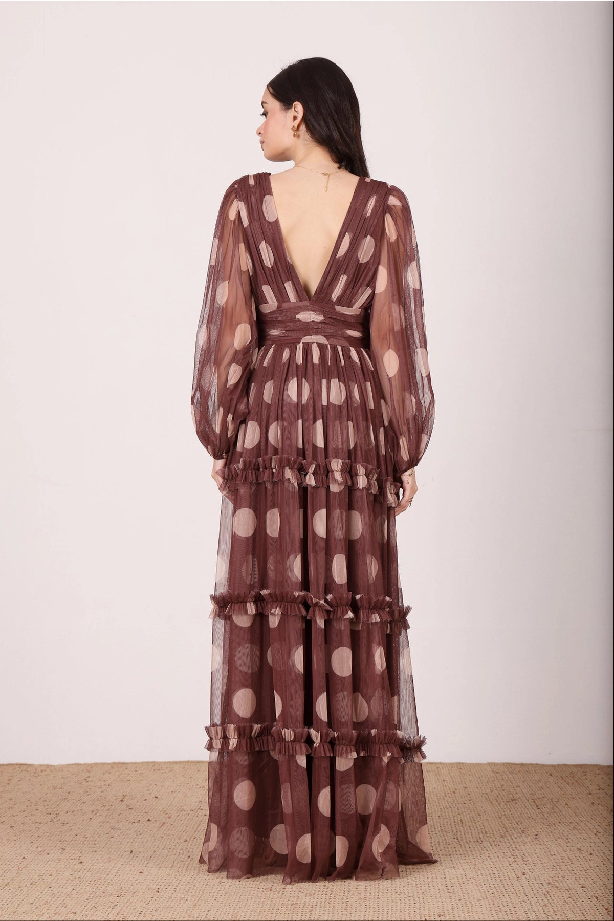 Lace & Beads Lydia Mahogany Brown Beige Polka Dot Maxi Dress