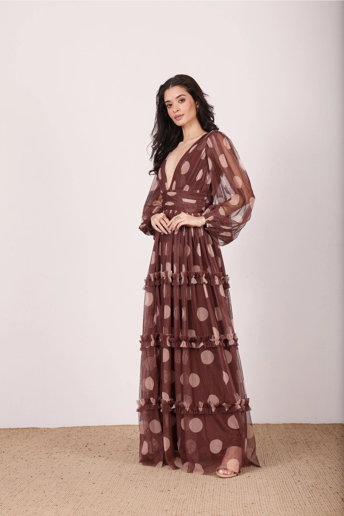 Lace & Beads Lydia Mahogany Brown Beige Polka Dot Maxi Dress