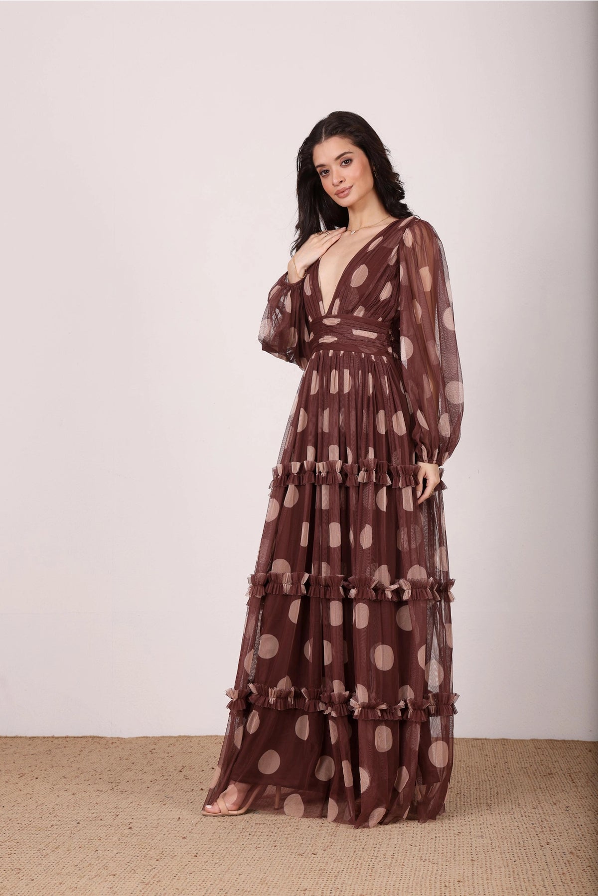 Lace & Beads Lydia Mahogany Brown Beige Polka Dot Maxi Dress