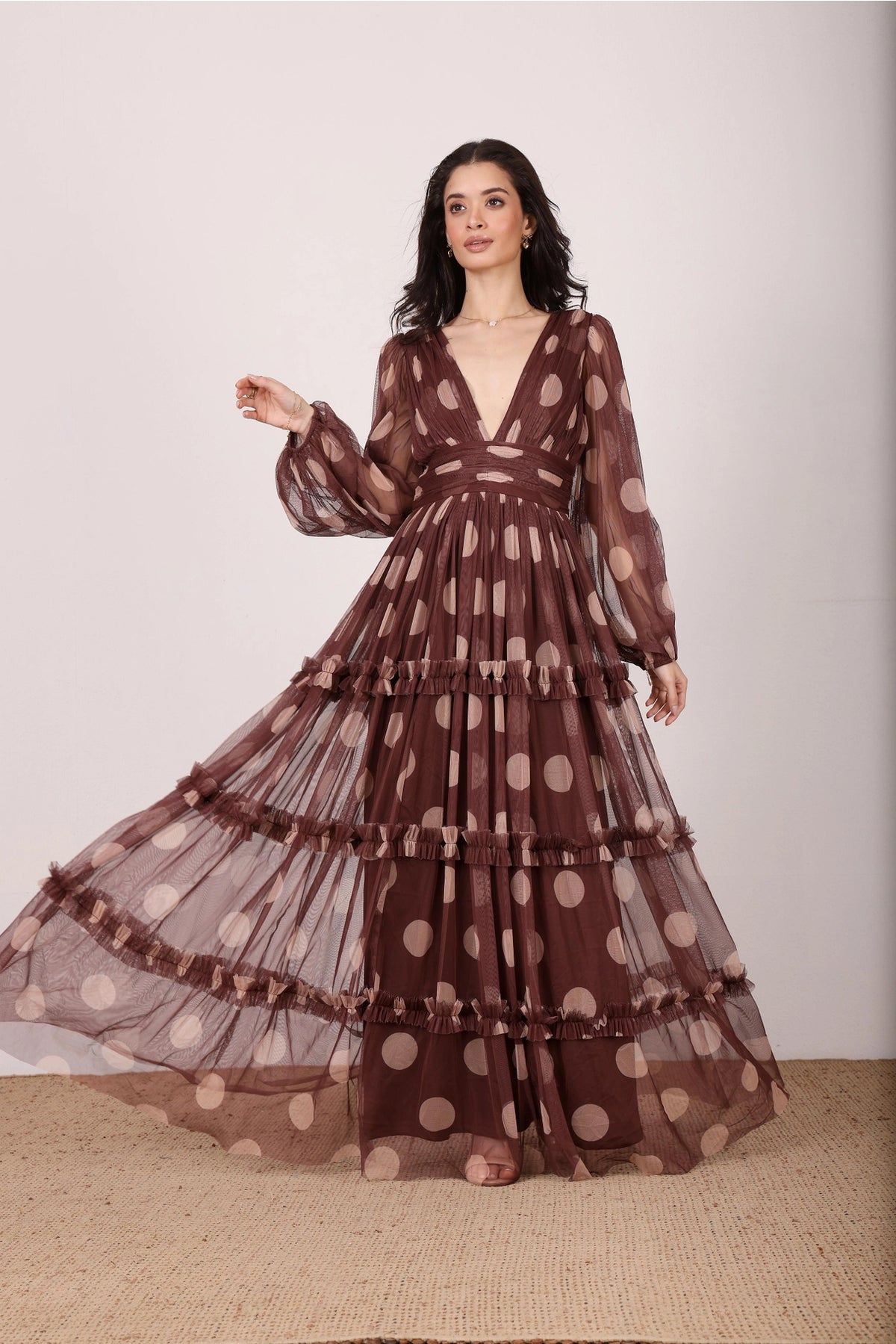 Lace & Beads Lydia Mahogany Brown Beige Polka Dot Maxi Dress