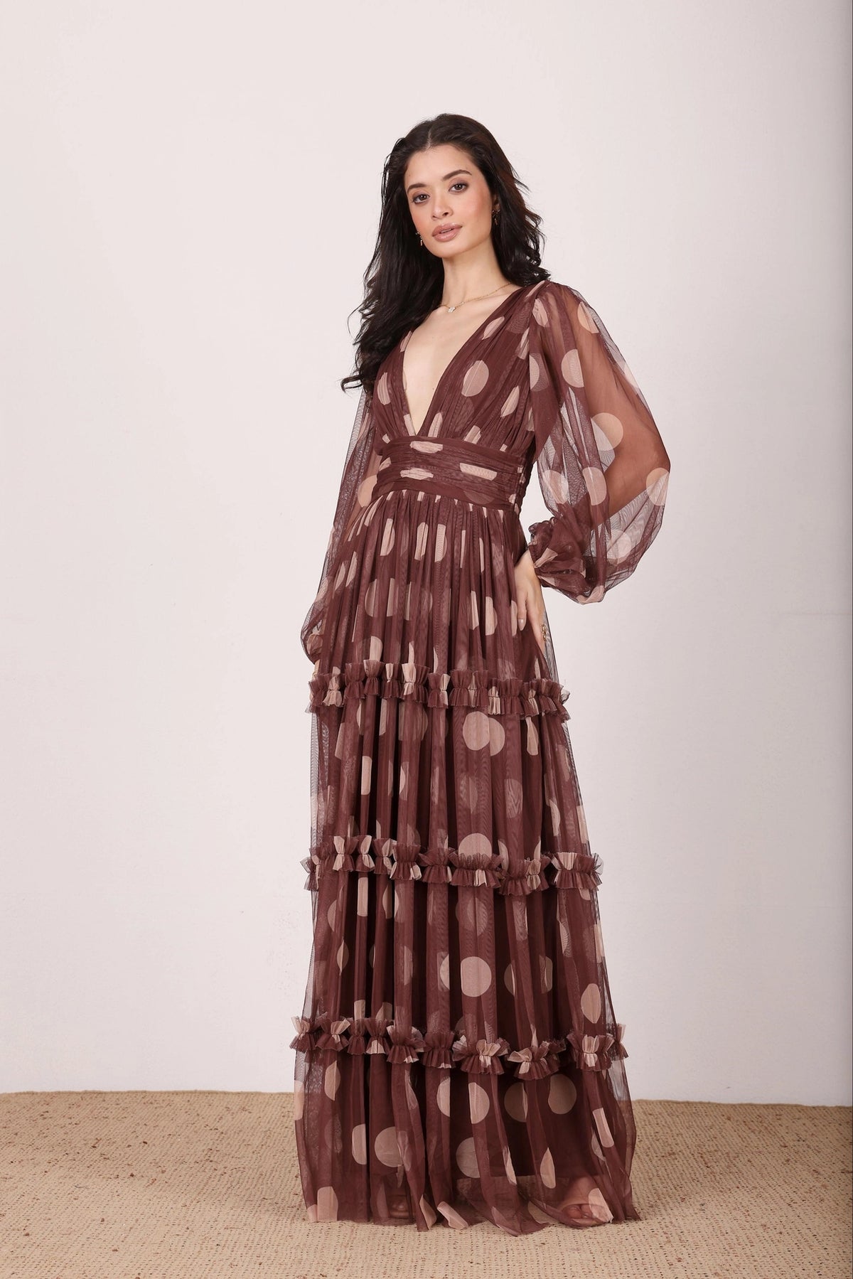 Lace & Beads Lydia Mahogany Brown Beige Polka Dot Maxi Dress