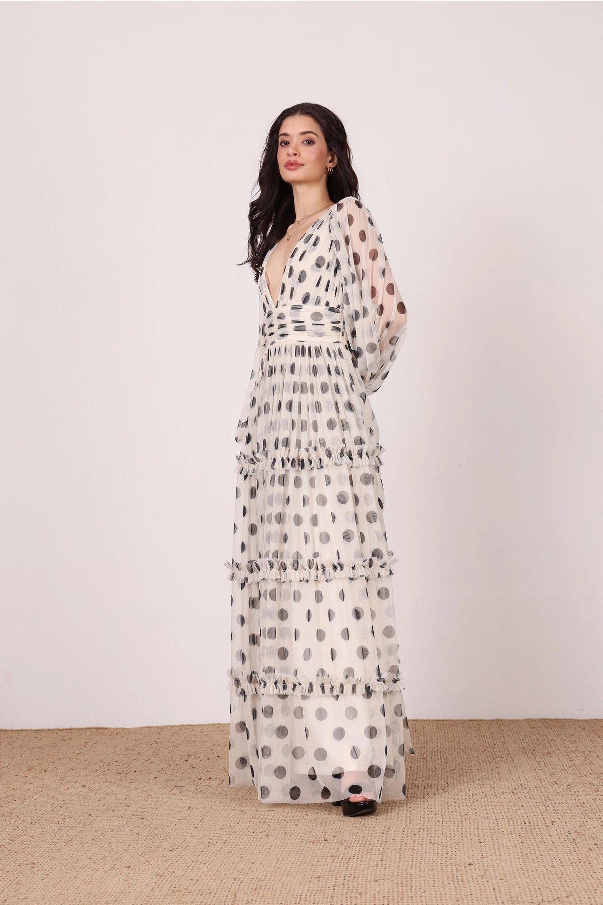 Lace & Beads Lydia Cream Black Polka Dot Maxi Dress