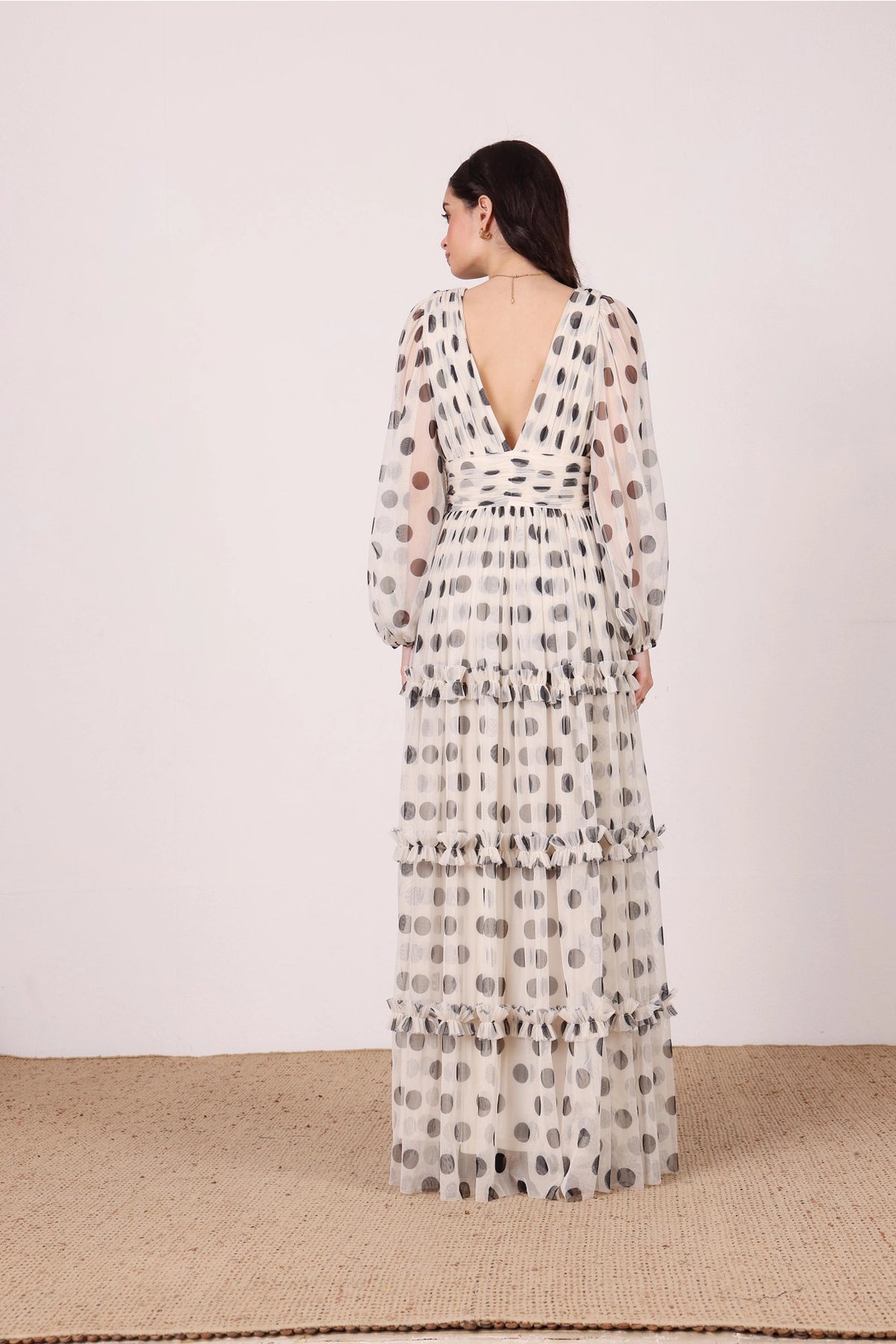 Lace & Beads Lydia Cream Black Polka Dot Maxi Dress