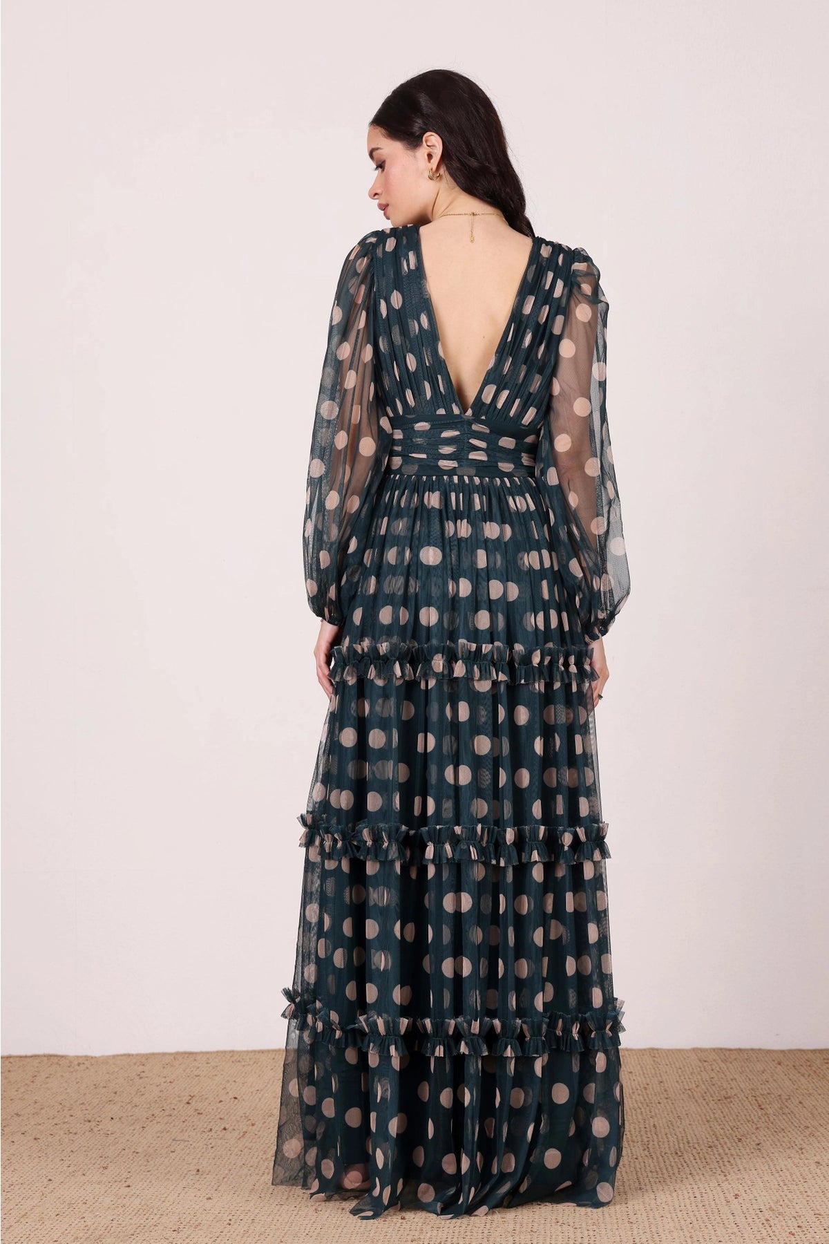 Lace & Beads Lydia Emerald Green and Beige Polka Dot Maxi Dress