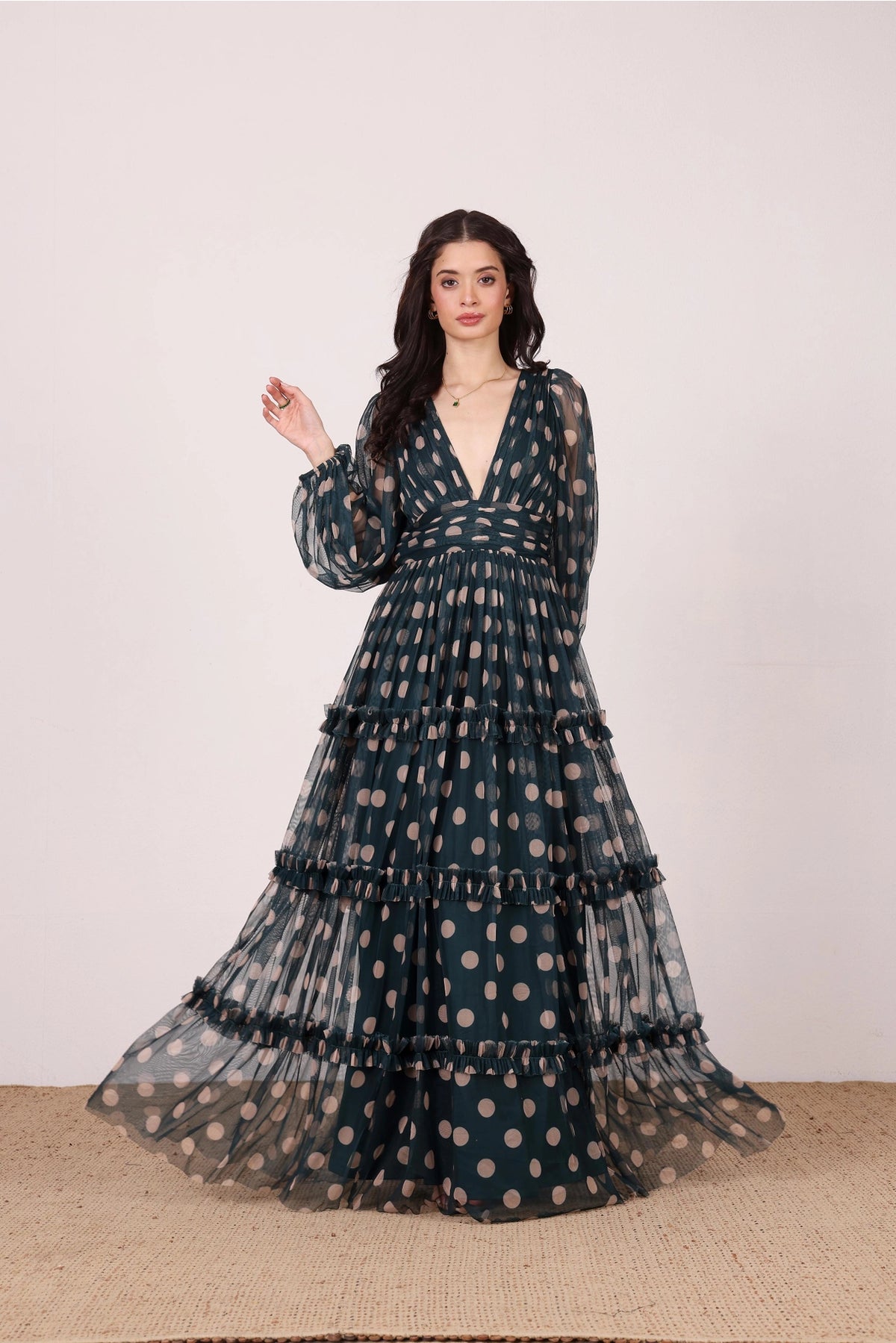 Lace & Beads Lydia Emerald Green and Beige Polka Dot Maxi Dress