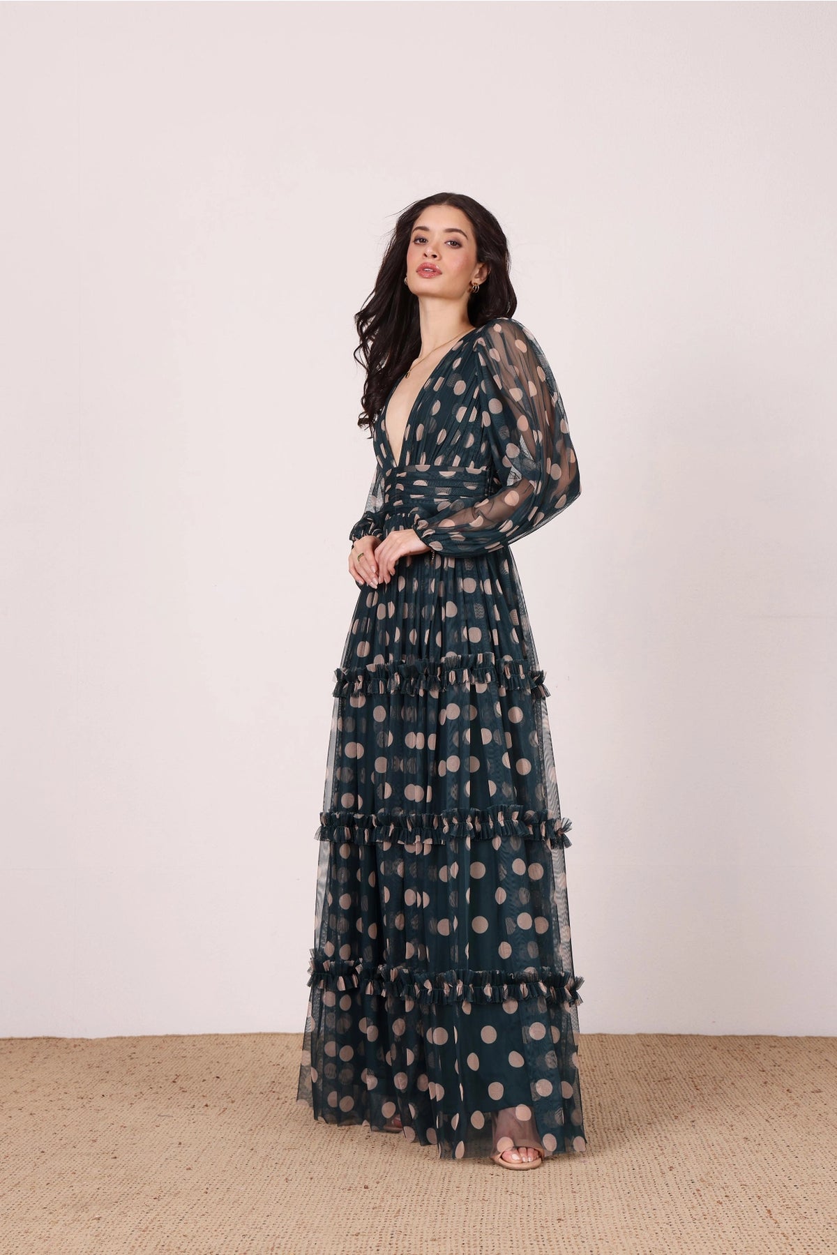 Lace & Beads Lydia Emerald Green and Beige Polka Dot Maxi Dress