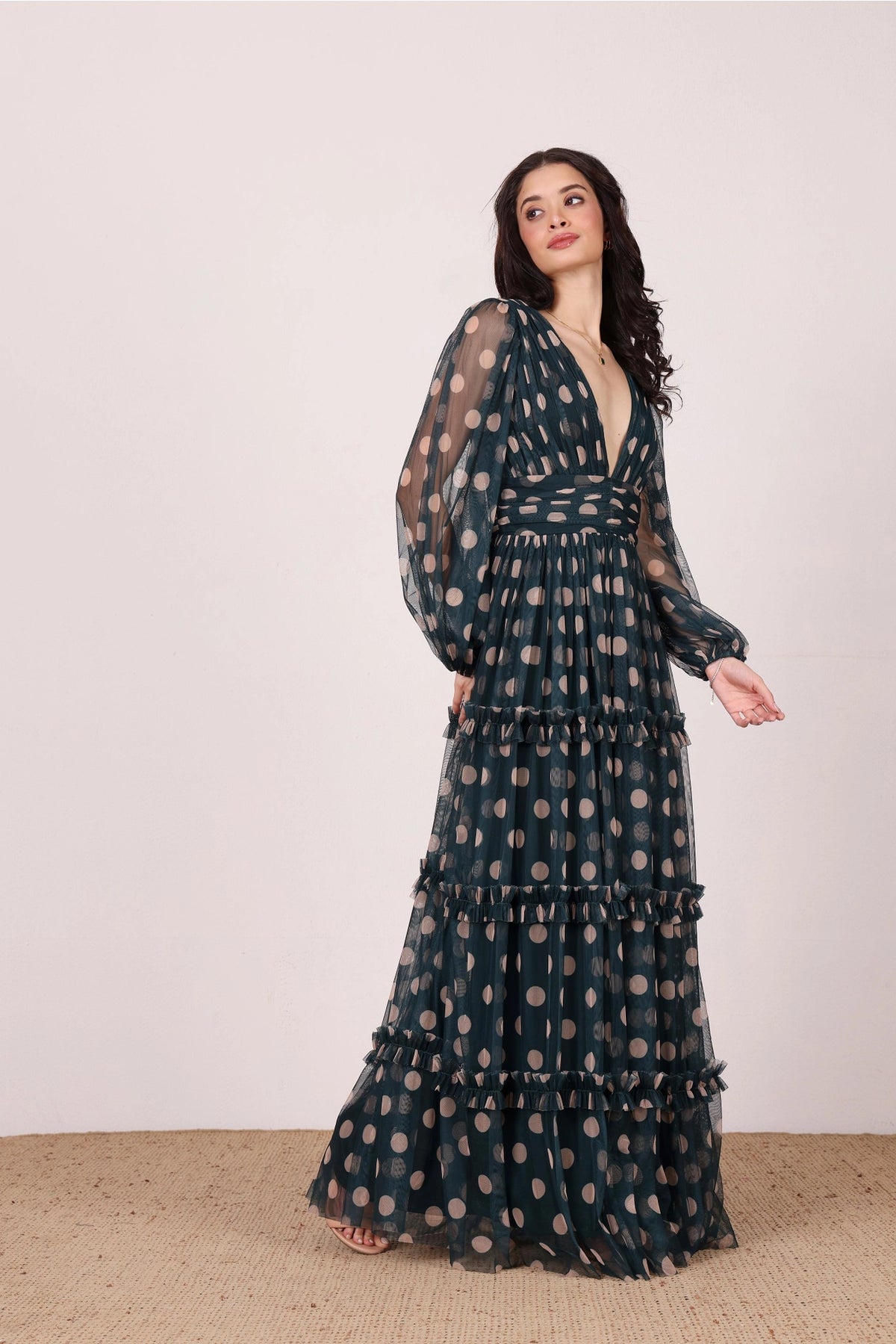 Lace & Beads Lydia Emerald Green and Beige Polka Dot Maxi Dress