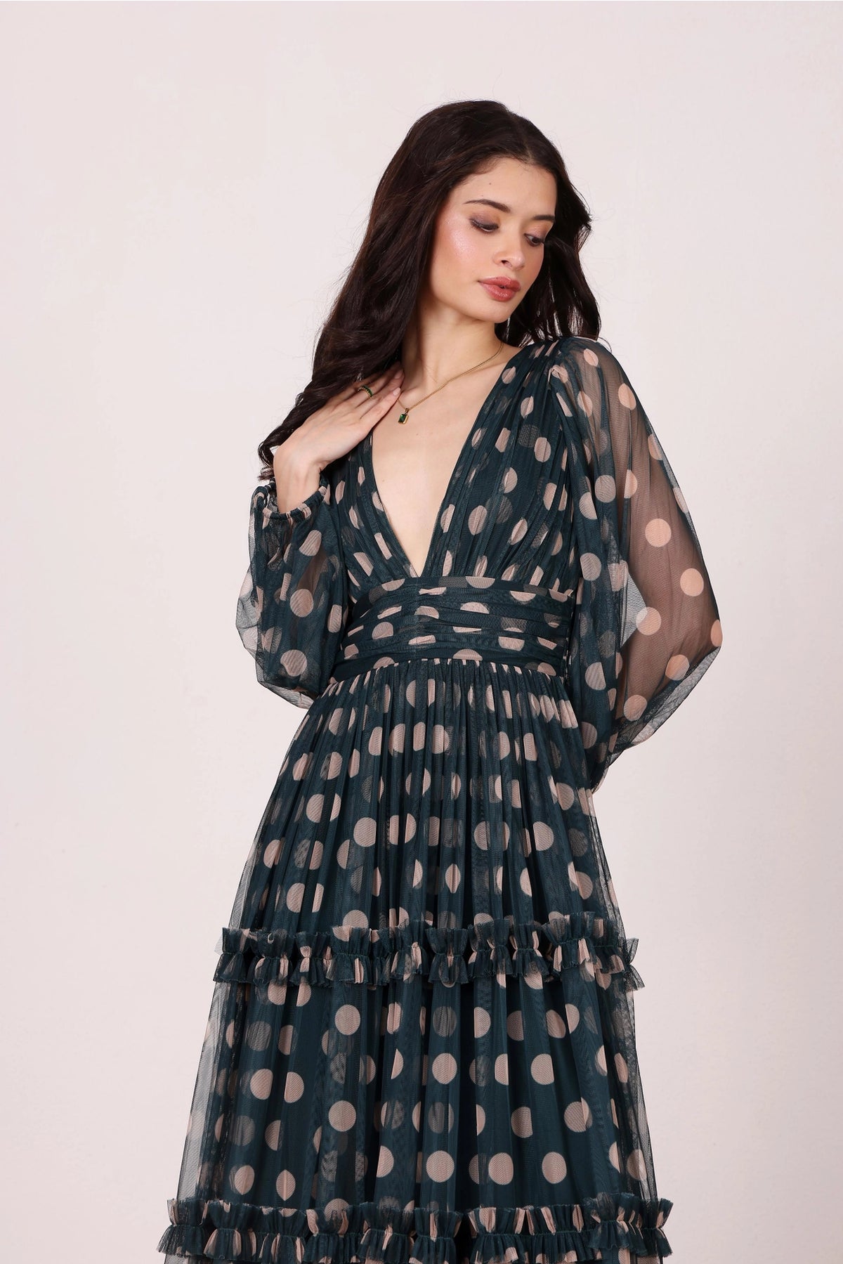 Lace & Beads Lydia Emerald Green and Beige Polka Dot Maxi Dress