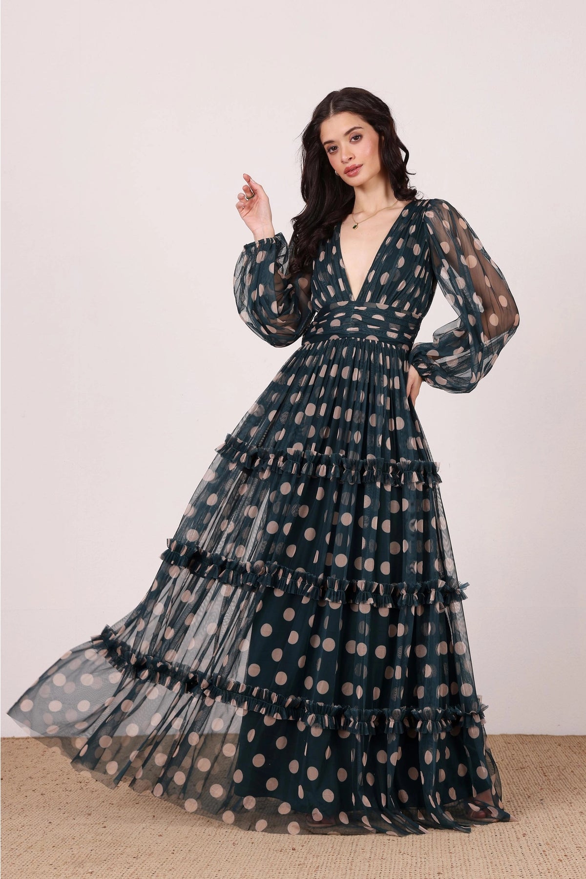 Lace & Beads Lydia Emerald Green and Beige Polka Dot Maxi Dress