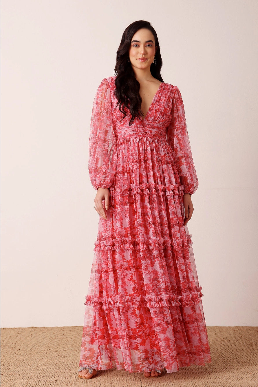 Lace & Beads Lydia Maxi Red Floral Dress