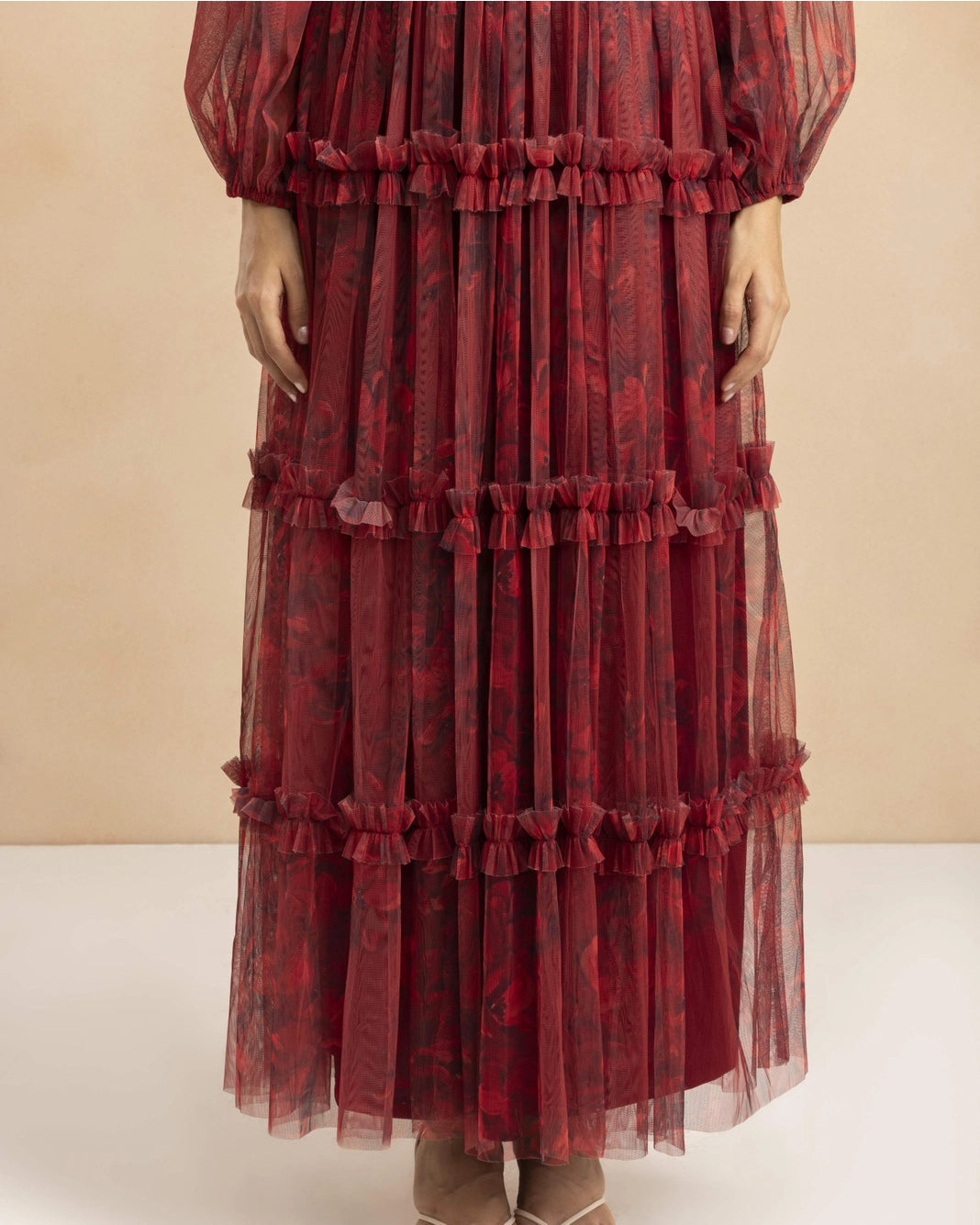 Lace & Beads Lydia Demi Tulle Scarlet Floral Maxi Dress