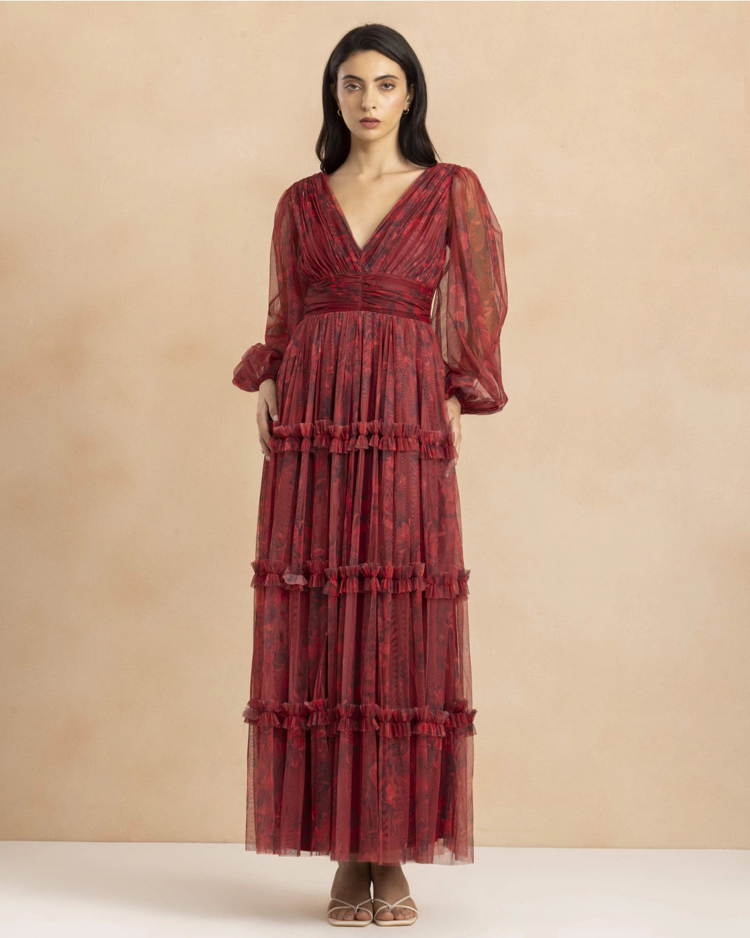 Lace & Beads Lydia Demi Tulle Scarlet Floral Maxi Dress