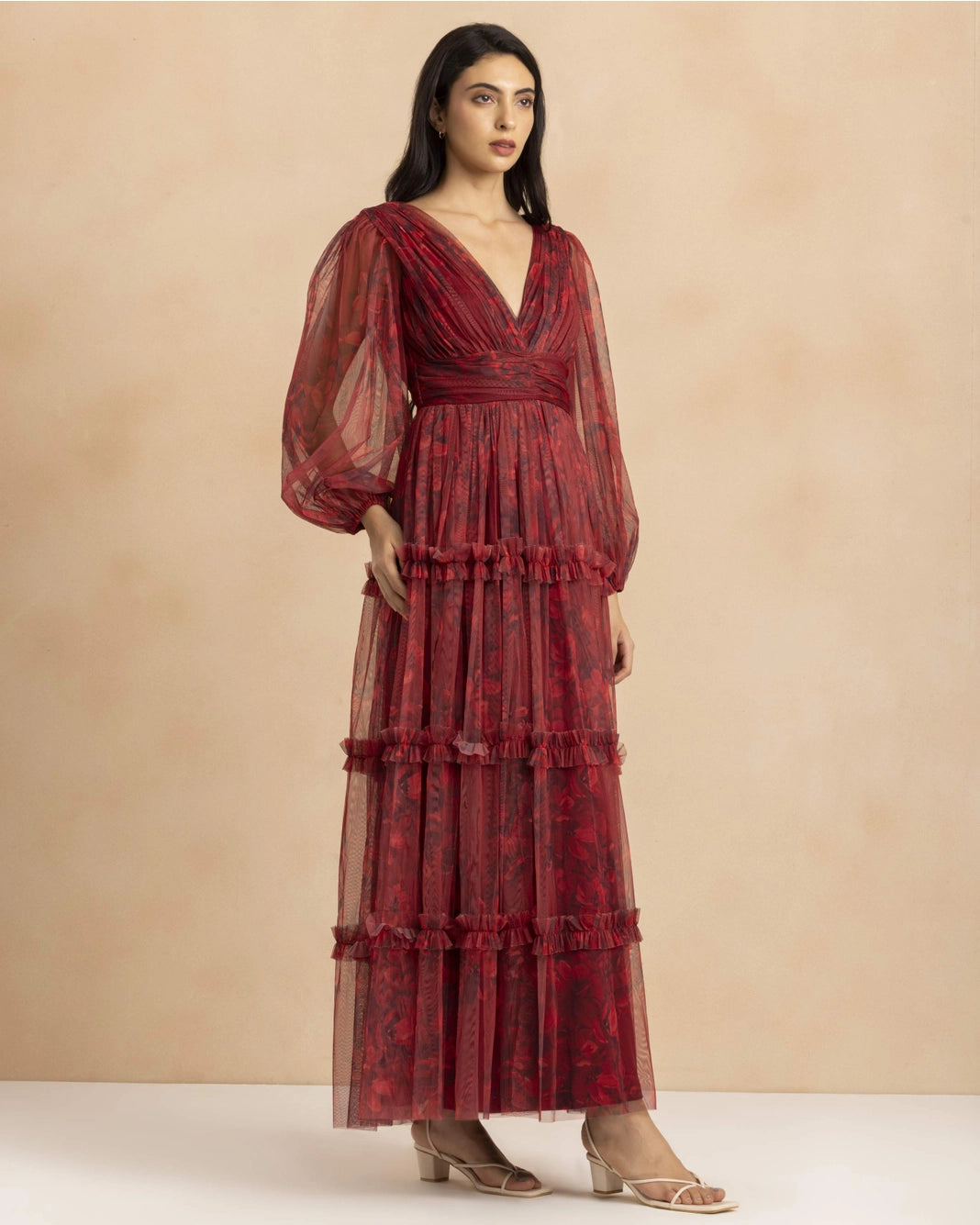 Lace & Beads Lydia Demi Tulle Scarlet Floral Maxi Dress