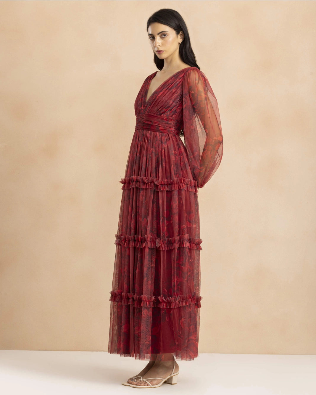 Lace & Beads Lydia Demi Tulle Scarlet Floral Maxi Dress