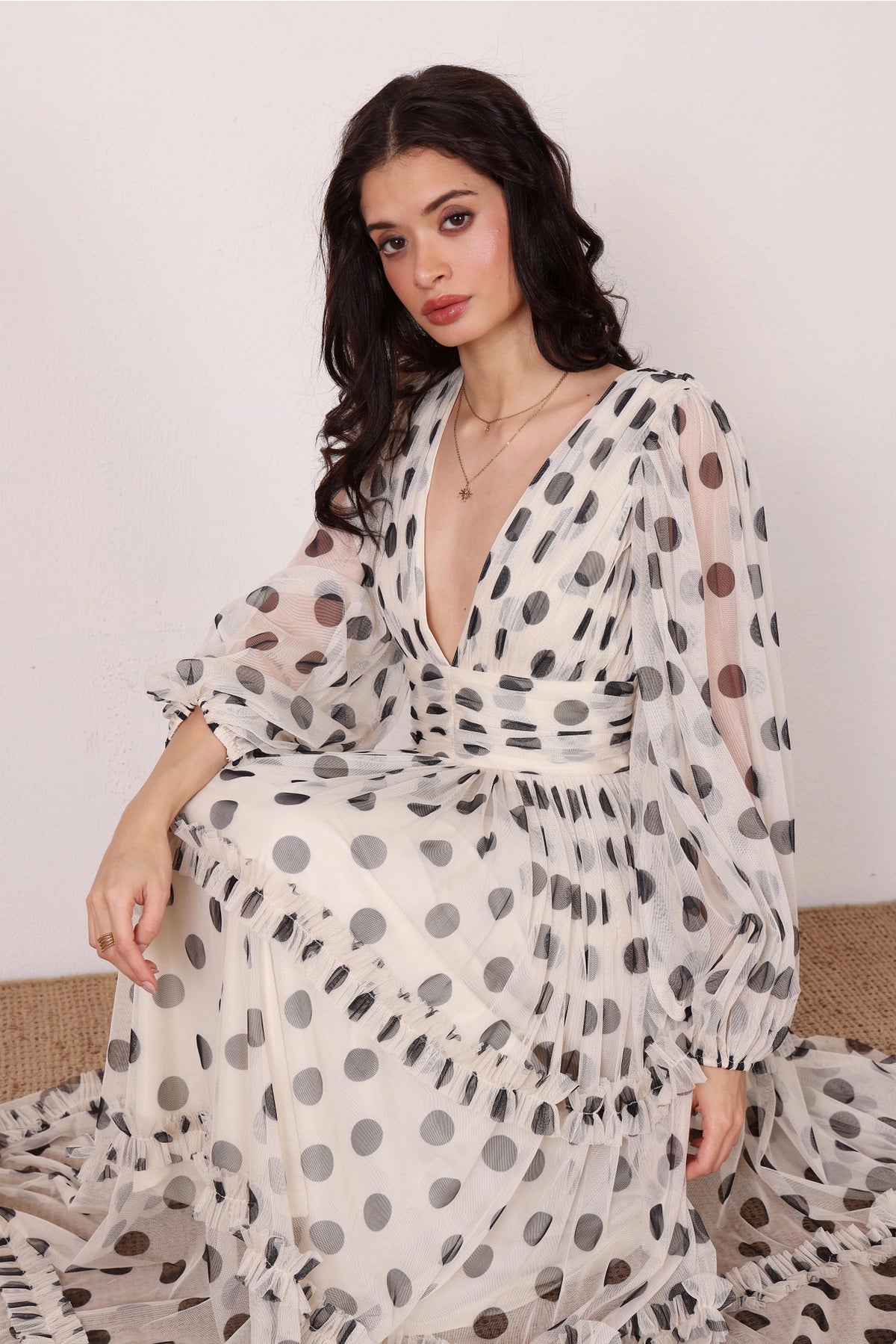 Lace & Beads Lydia Cream Black Polka Dot Maxi Dress