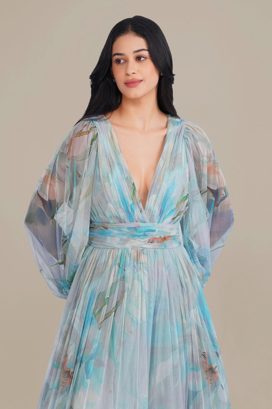 Lace & Beads Madison Dahlia Blue Floral Print Maxi Dress