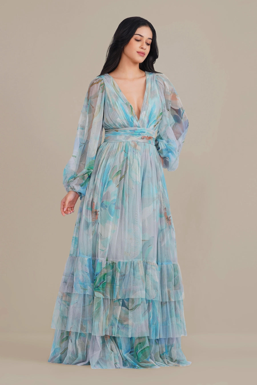 Lace & Beads Madison Dahlia Blue Floral Print Maxi Dress