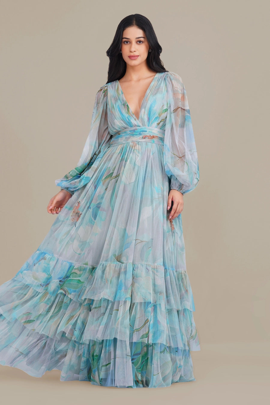 Lace & Beads Madison Dahlia Blue Floral Print Maxi Dress