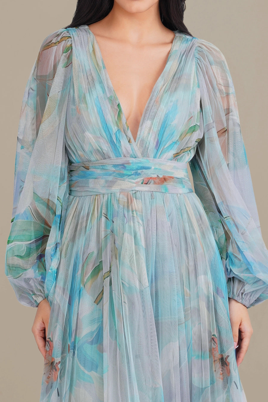 Lace & Beads Madison Dahlia Blue Floral Print Maxi Dress