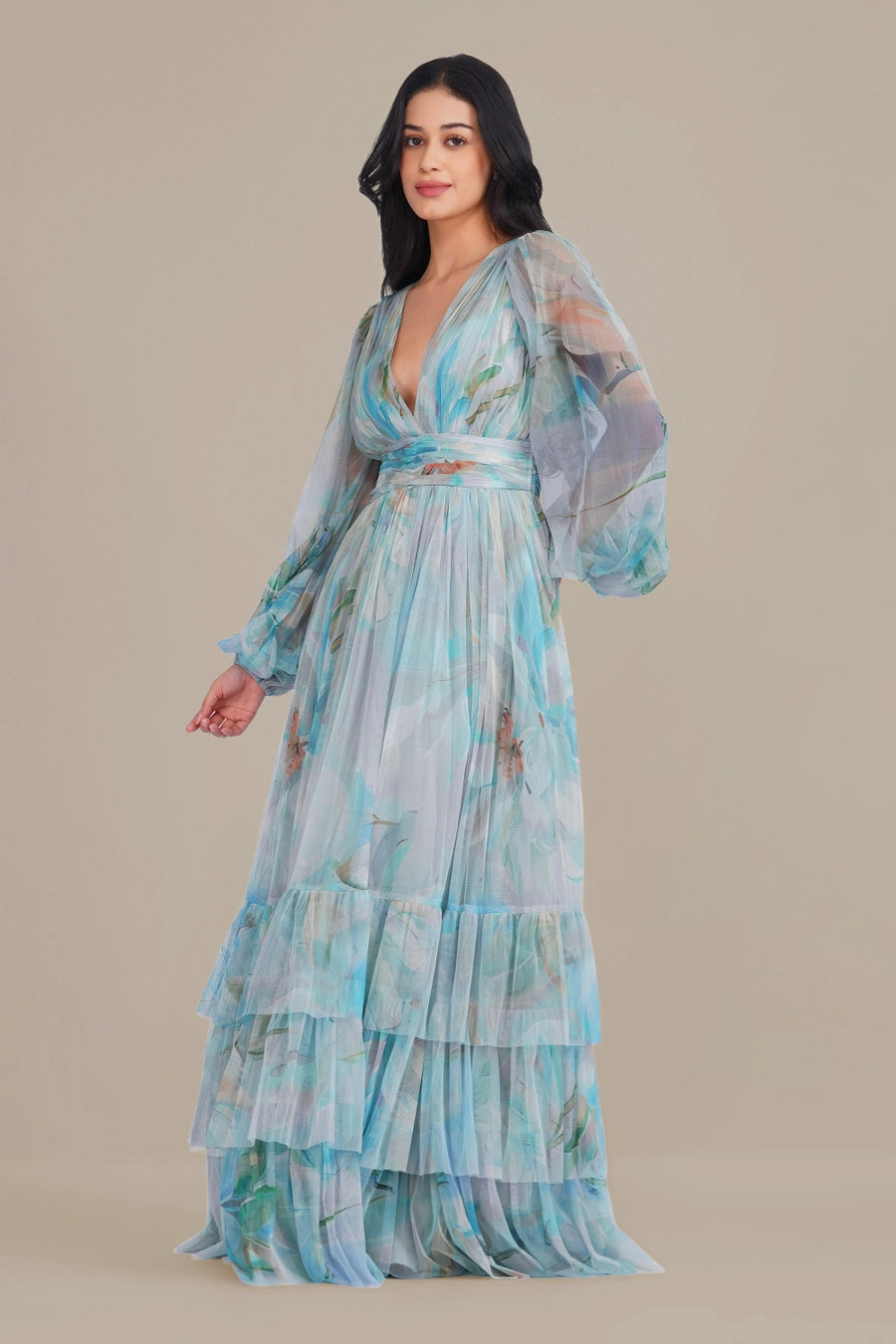 Lace & Beads Madison Dahlia Blue Floral Print Maxi Dress