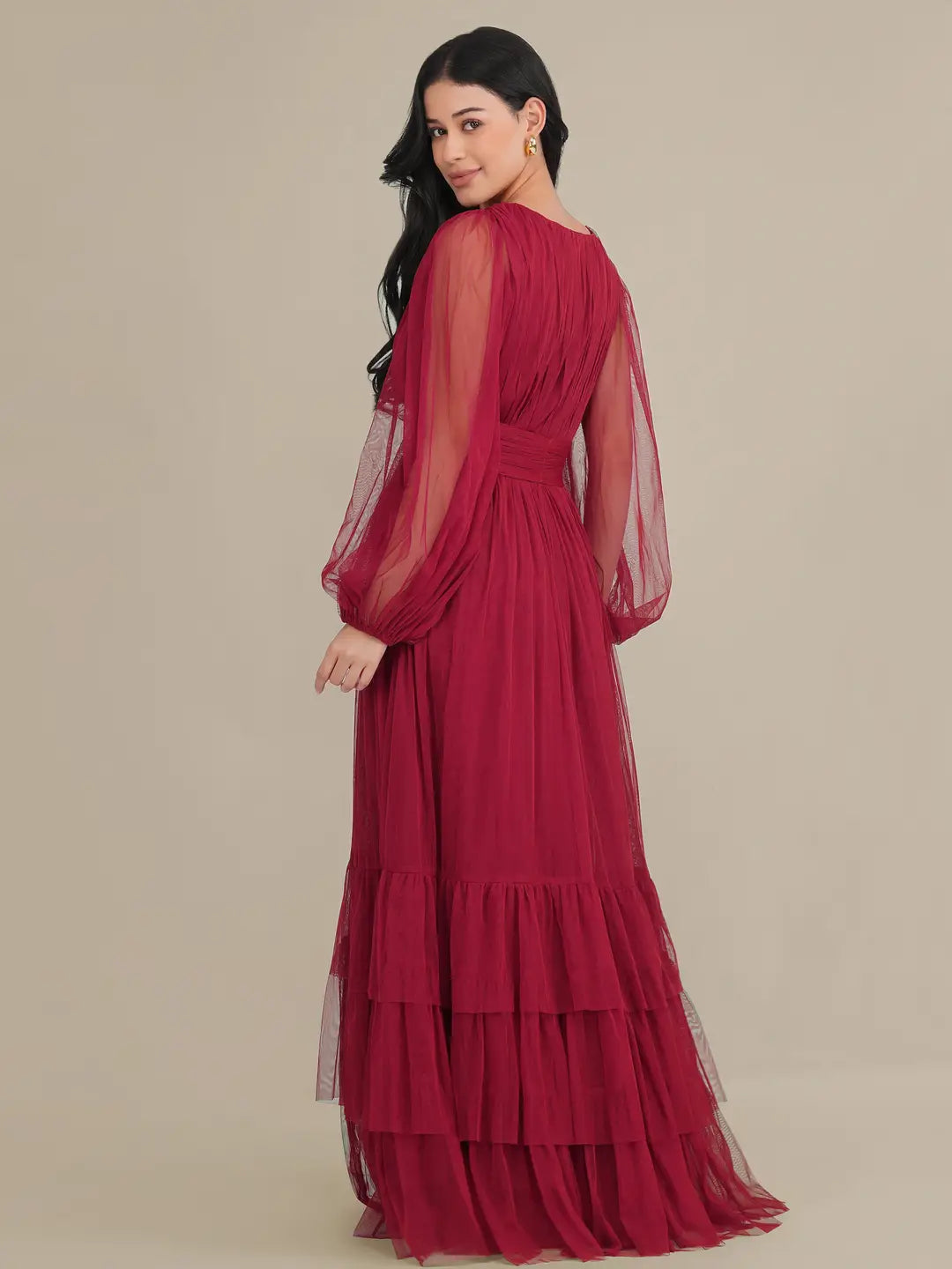 Lace & Beads Madison Long Sleeve Raspberry Tulle Maxi Dress