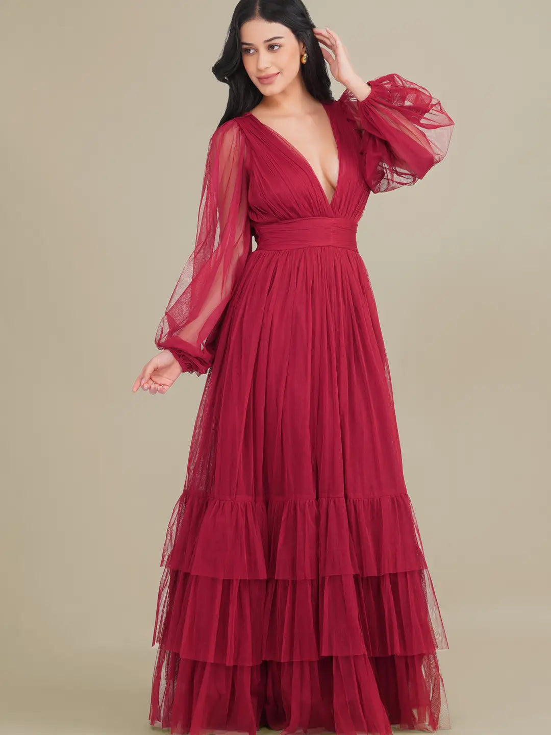Lace & Beads Madison Long Sleeve Raspberry Tulle Maxi Dress