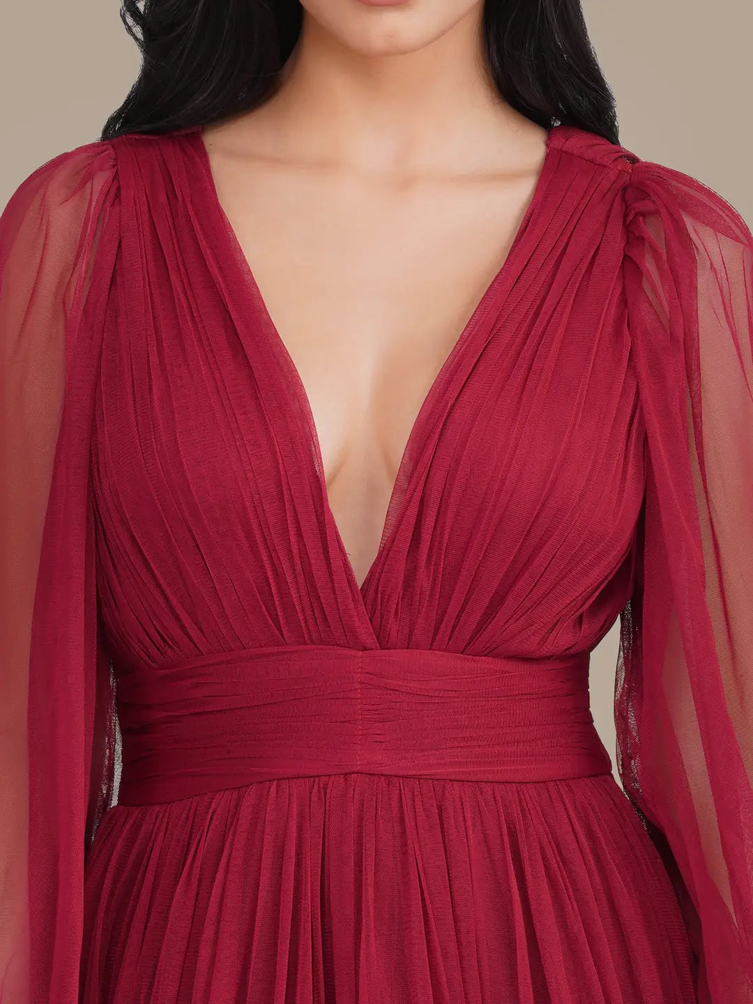 Lace & Beads Madison Long Sleeve Raspberry Tulle Maxi Dress