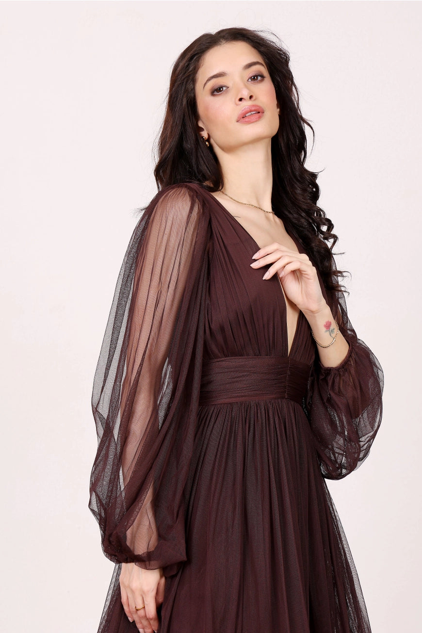 Lace & Beads Madison Chocolate Plum Maxi Tulle Dress