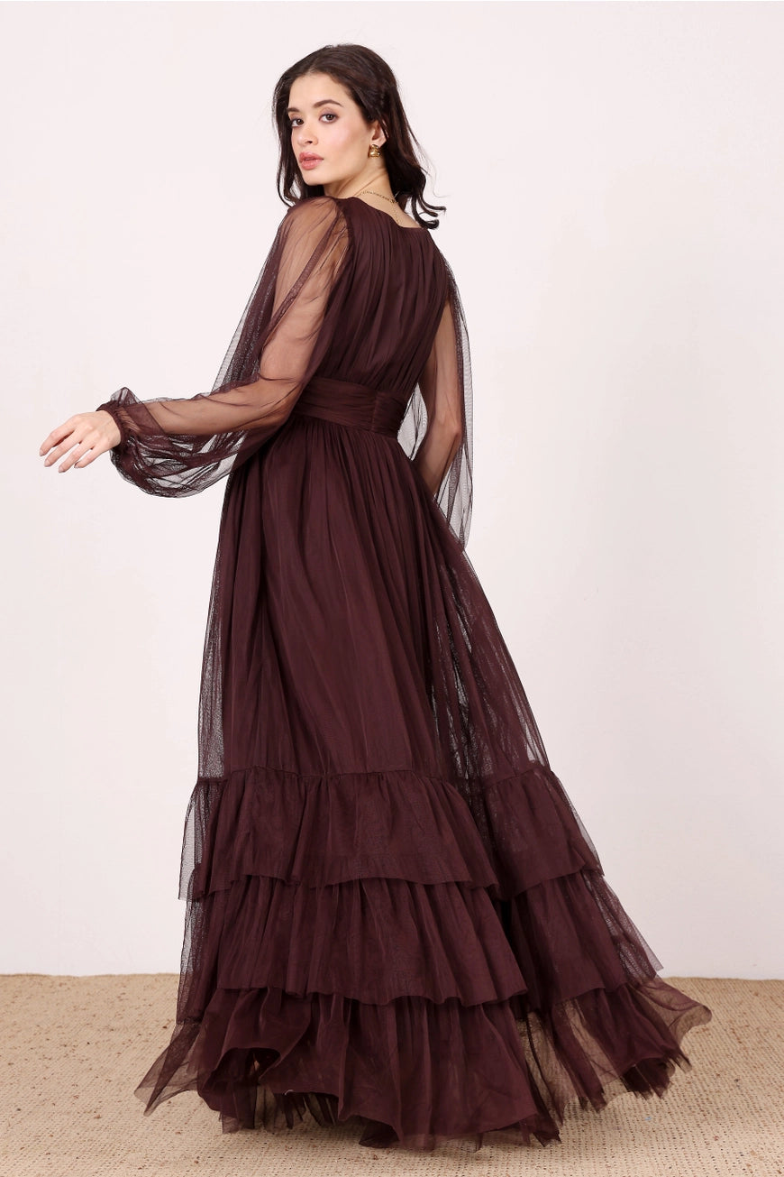 Lace & Beads Madison Chocolate Plum Maxi Tulle Dress