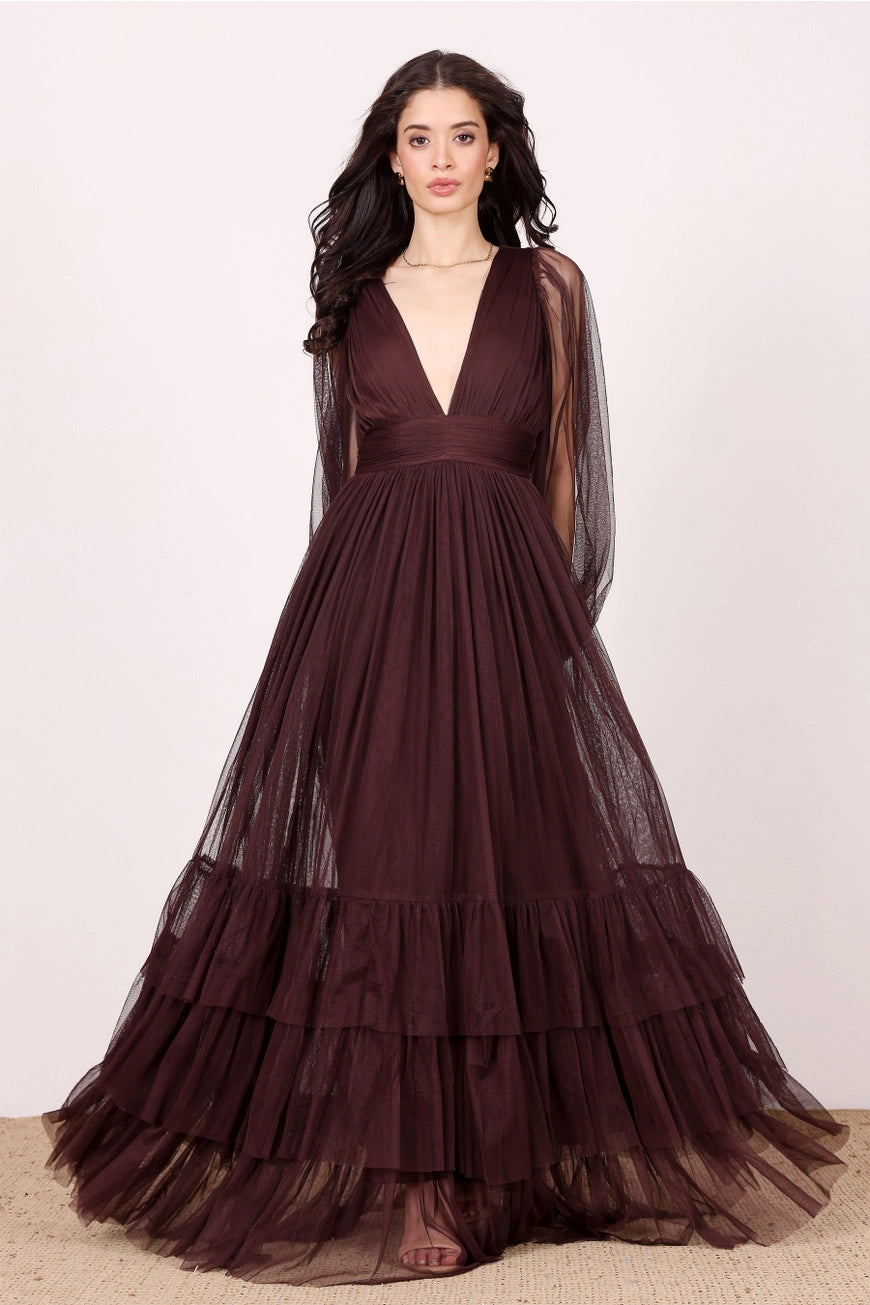 Lace & Beads Madison Chocolate Plum Maxi Tulle Dress
