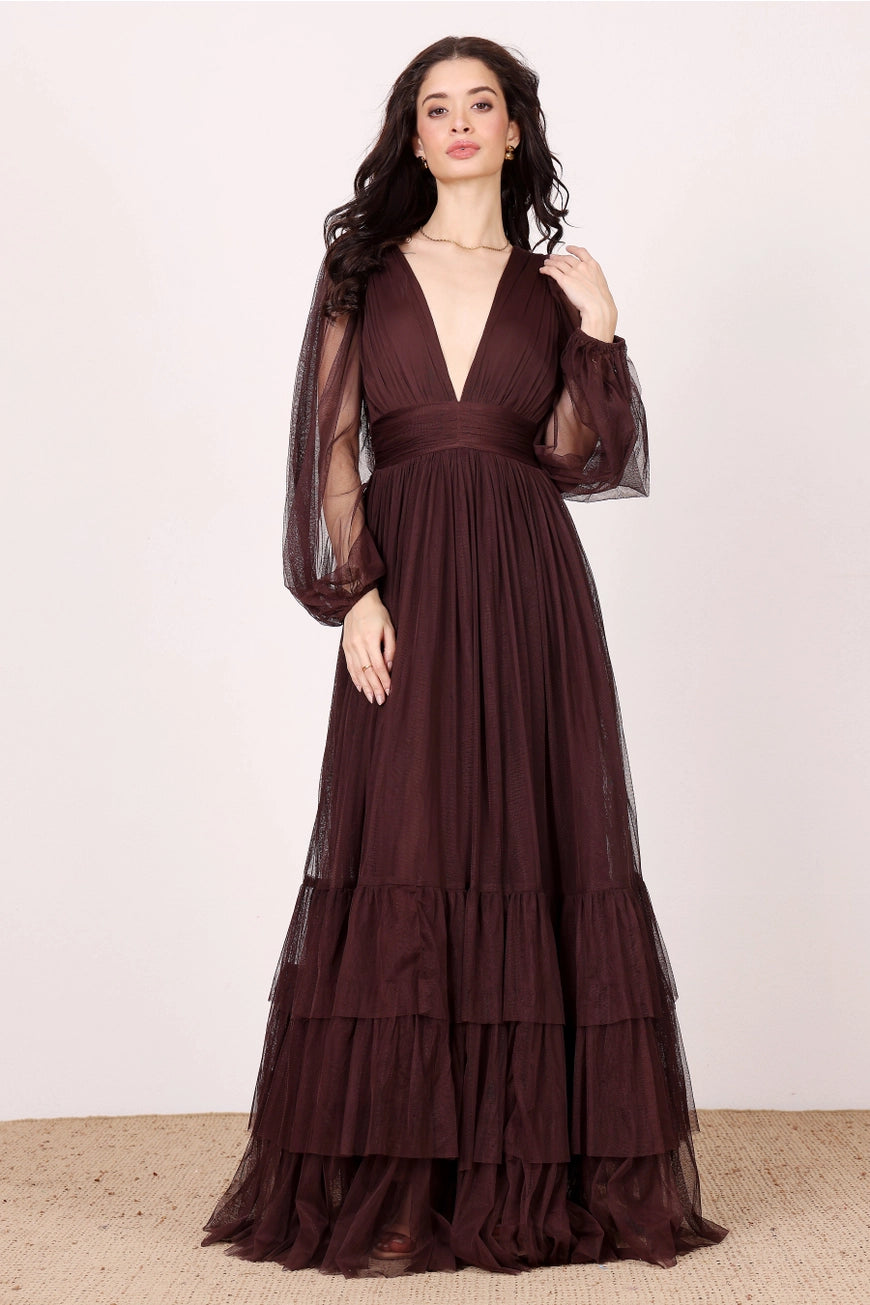 Lace & Beads Madison Chocolate Plum Maxi Tulle Dress