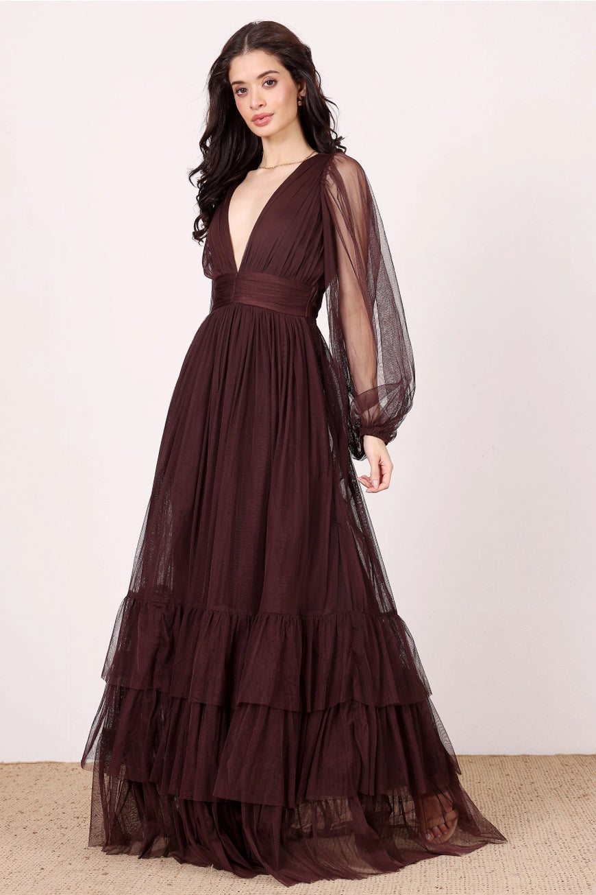 Lace & Beads Madison Chocolate Plum Maxi Tulle Dress
