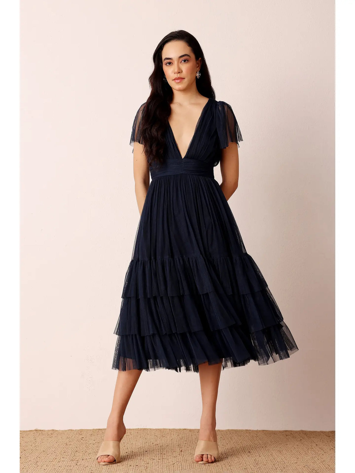knee length dresses for ladies Surreal Lace-Up Back Tulle Midi Dress Blue