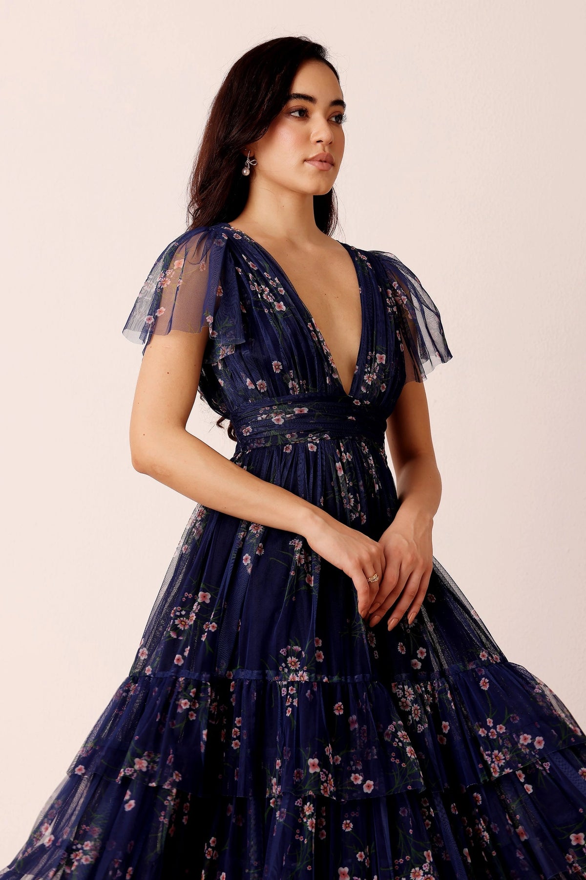 Lace & Beads Madison Navy Blue Floral Tulle Midi Dress
