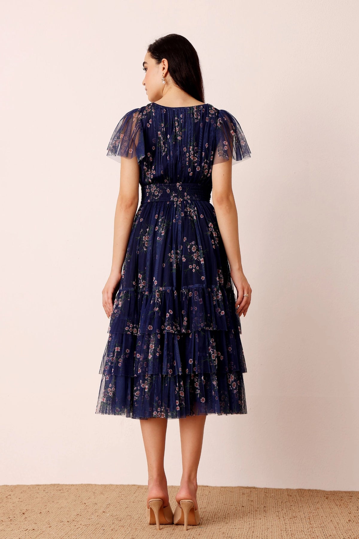 Lace & Beads Madison Navy Blue Floral Tulle Midi Dress