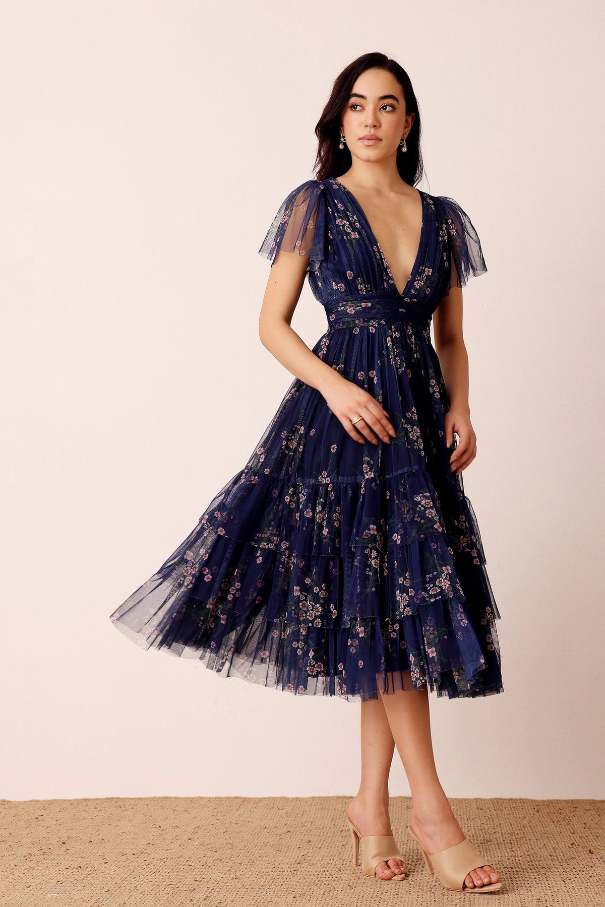 Lace & Beads Madison Navy Blue Floral Tulle Midi Dress