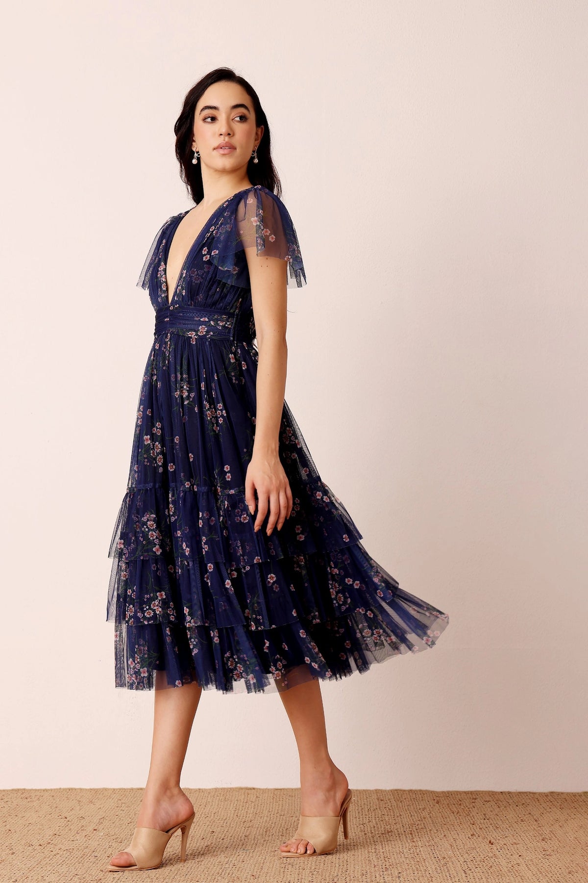 Lace & Beads Madison Navy Blue Floral Tulle Midi Dress