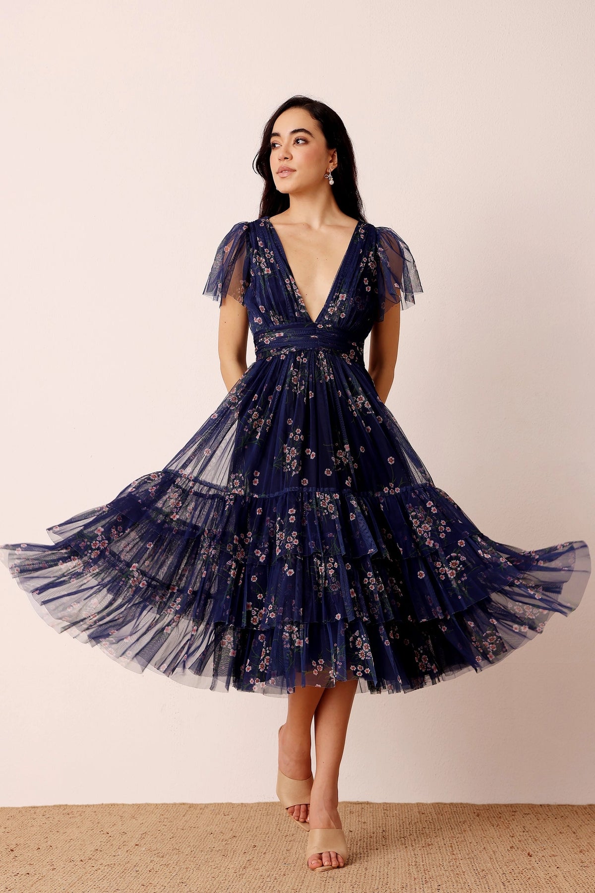 Lace & Beads Madison Navy Blue Floral Tulle Midi Dress