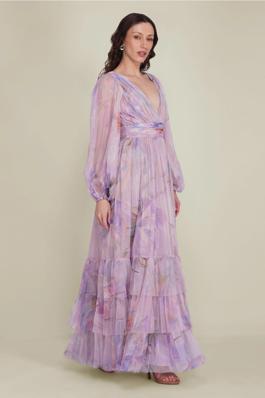 Lace & Beads Madison Wisteria Lilac Floral Print Maxi Dress