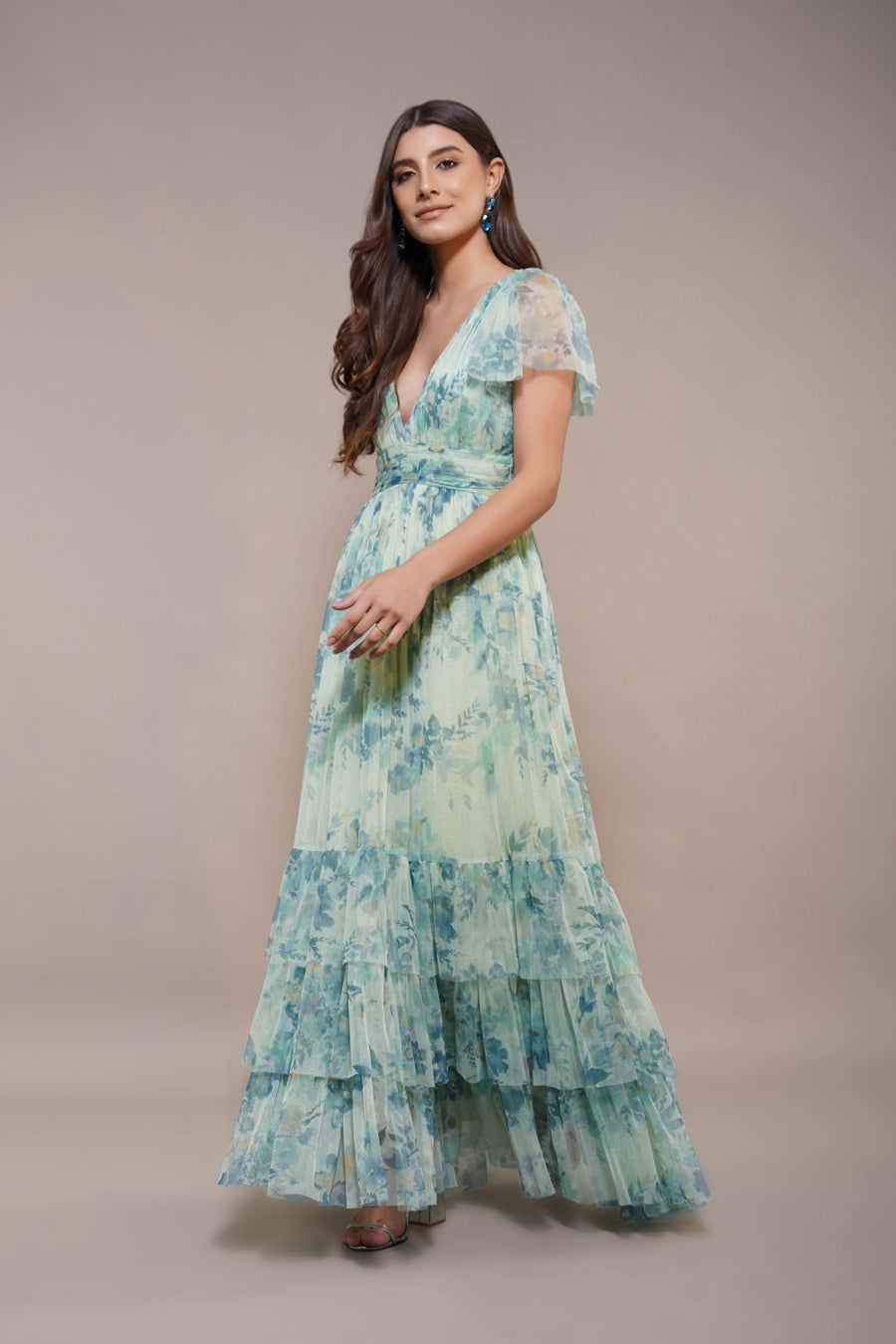 Lace & Beads Madison Light Sage Floral Tulle Maxi Dress