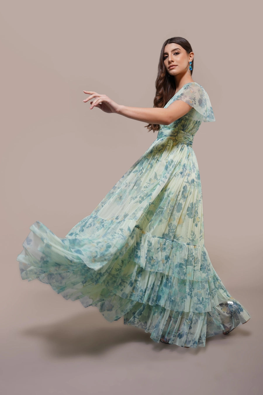 Lace & Beads Madison Light Sage Floral Tulle Maxi Dress