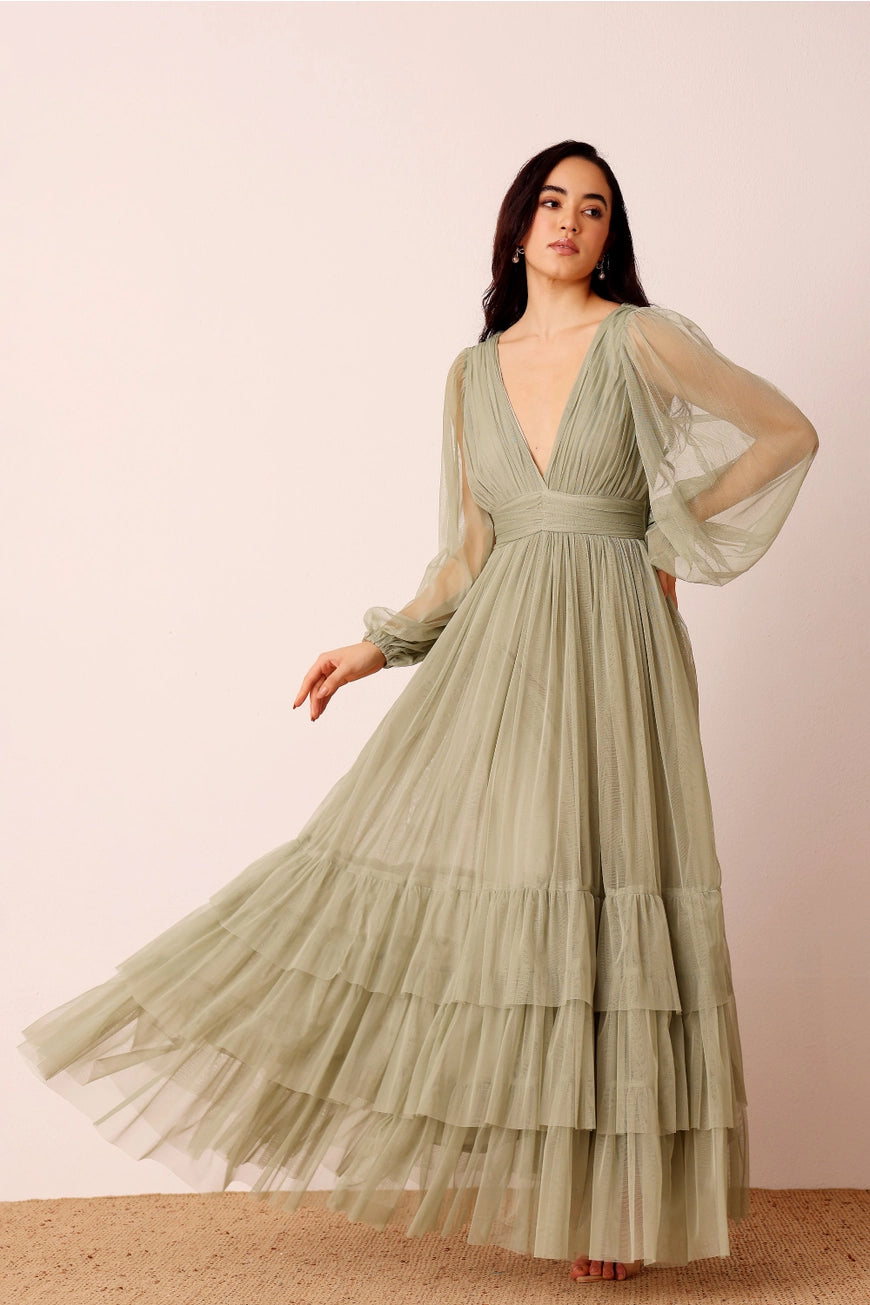 Lace & Beads Madison Sage Green Tulle Maxi Dress