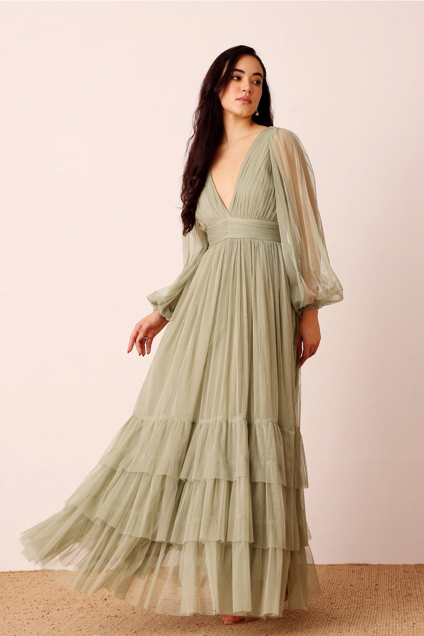 Lace & Beads Madison Sage Green Tulle Maxi Dress