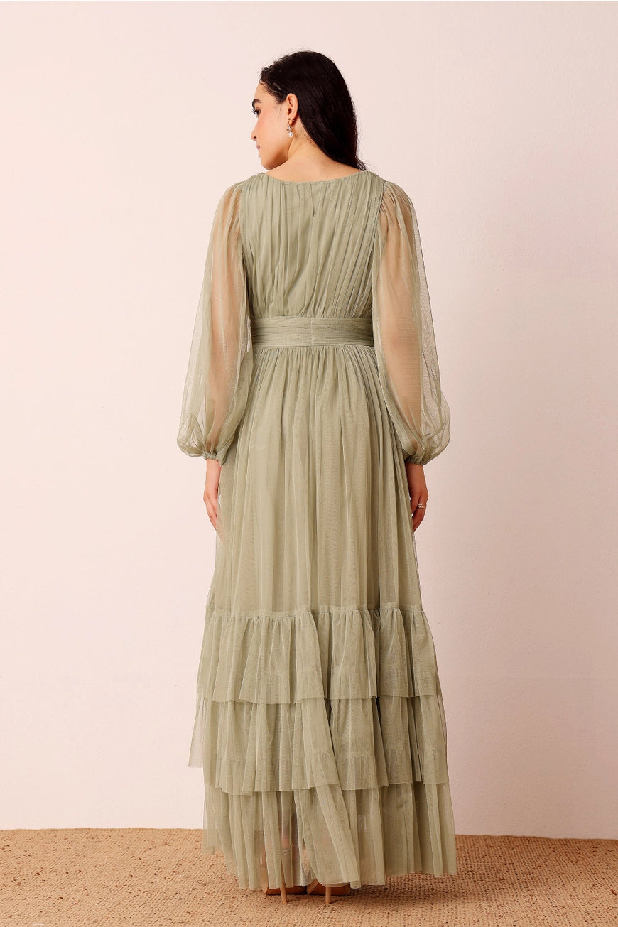 Lace & Beads Madison Sage Green Tulle Maxi Dress