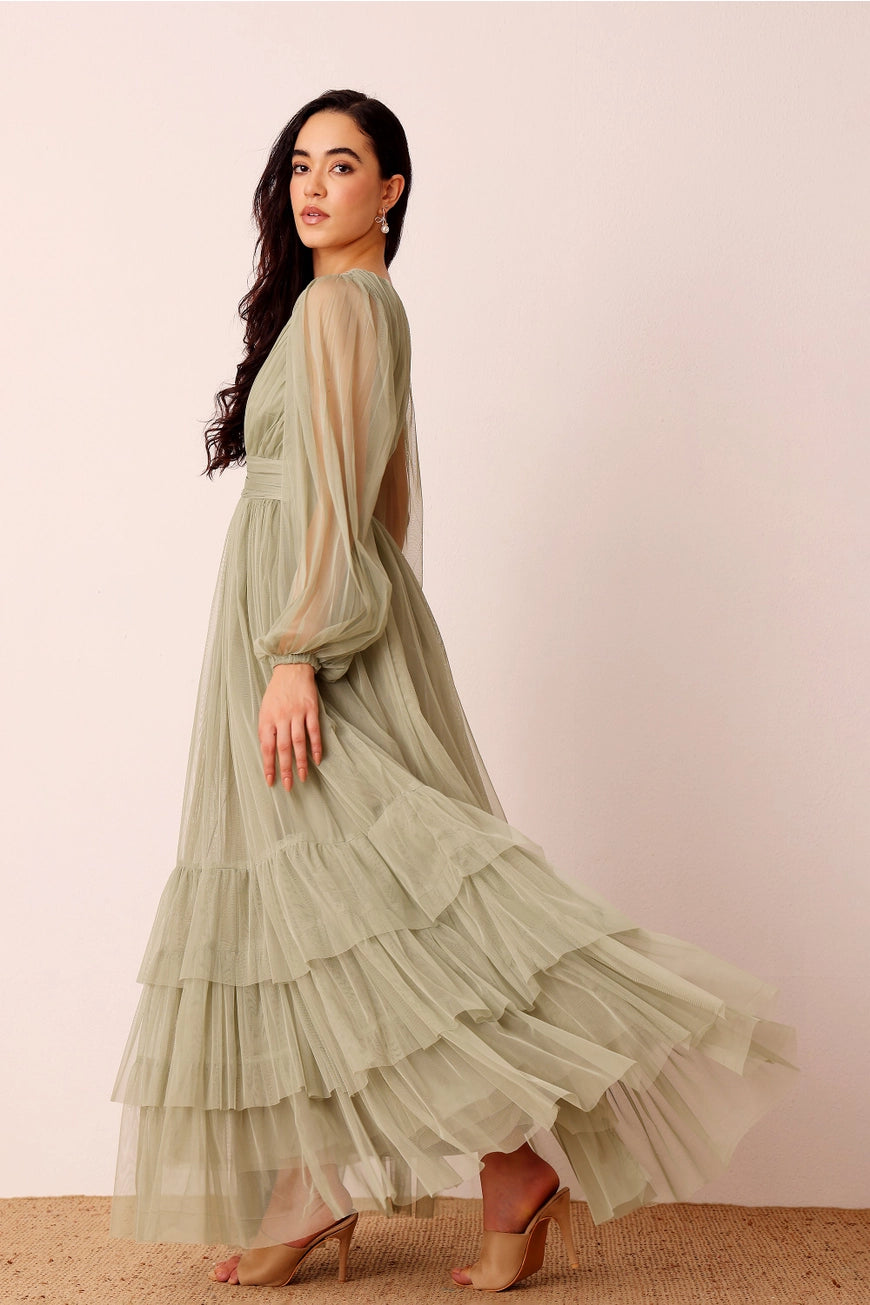 Lace & Beads Madison Sage Green Tulle Maxi Dress